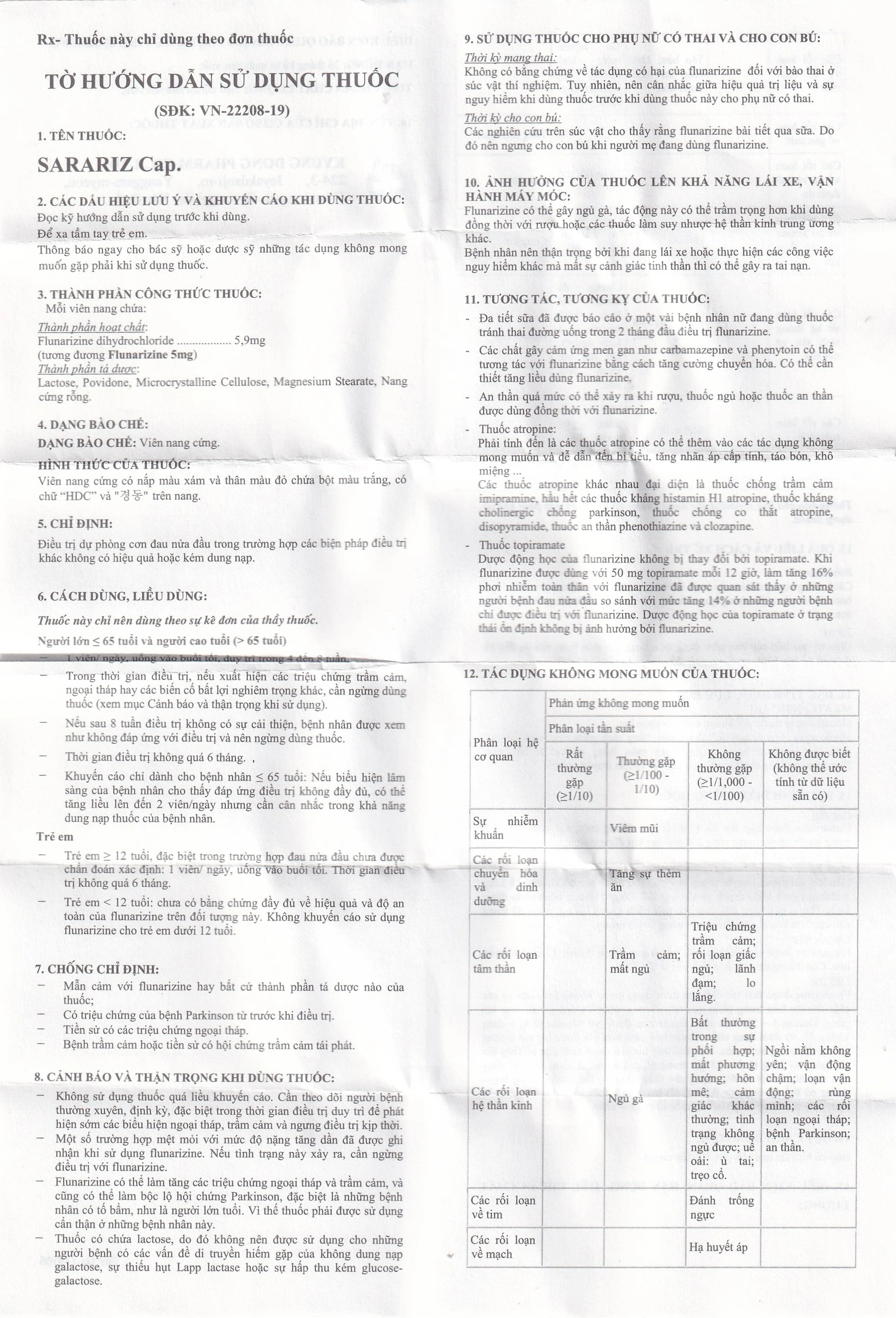 Thuốc Sarariz 5.9mg Kyung Dong điều trị đau nửa đầu, chứng chóng mặt (60 viên)