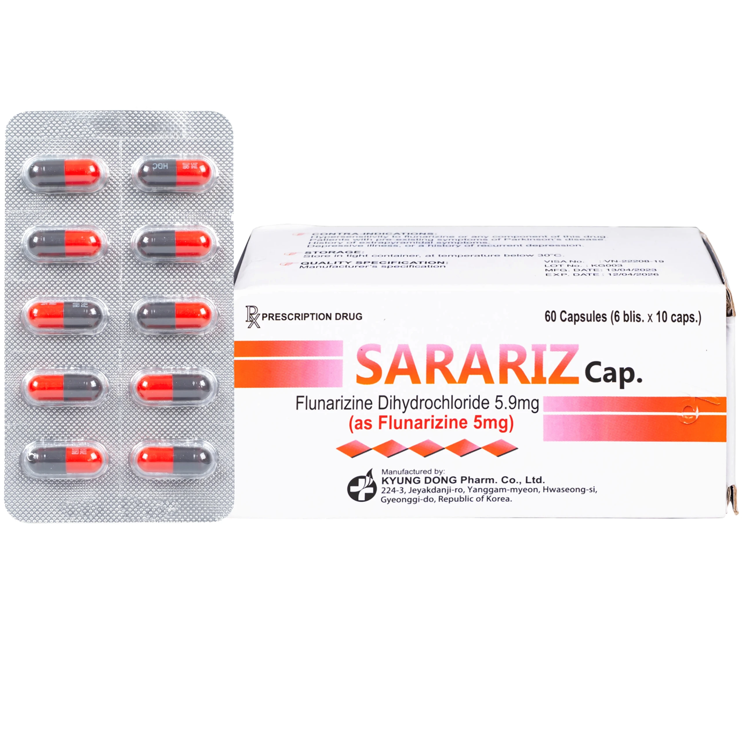 Thuốc Sarariz 5.9mg Kyung Dong điều trị đau nửa đầu, chứng chóng mặt (60 viên) 1