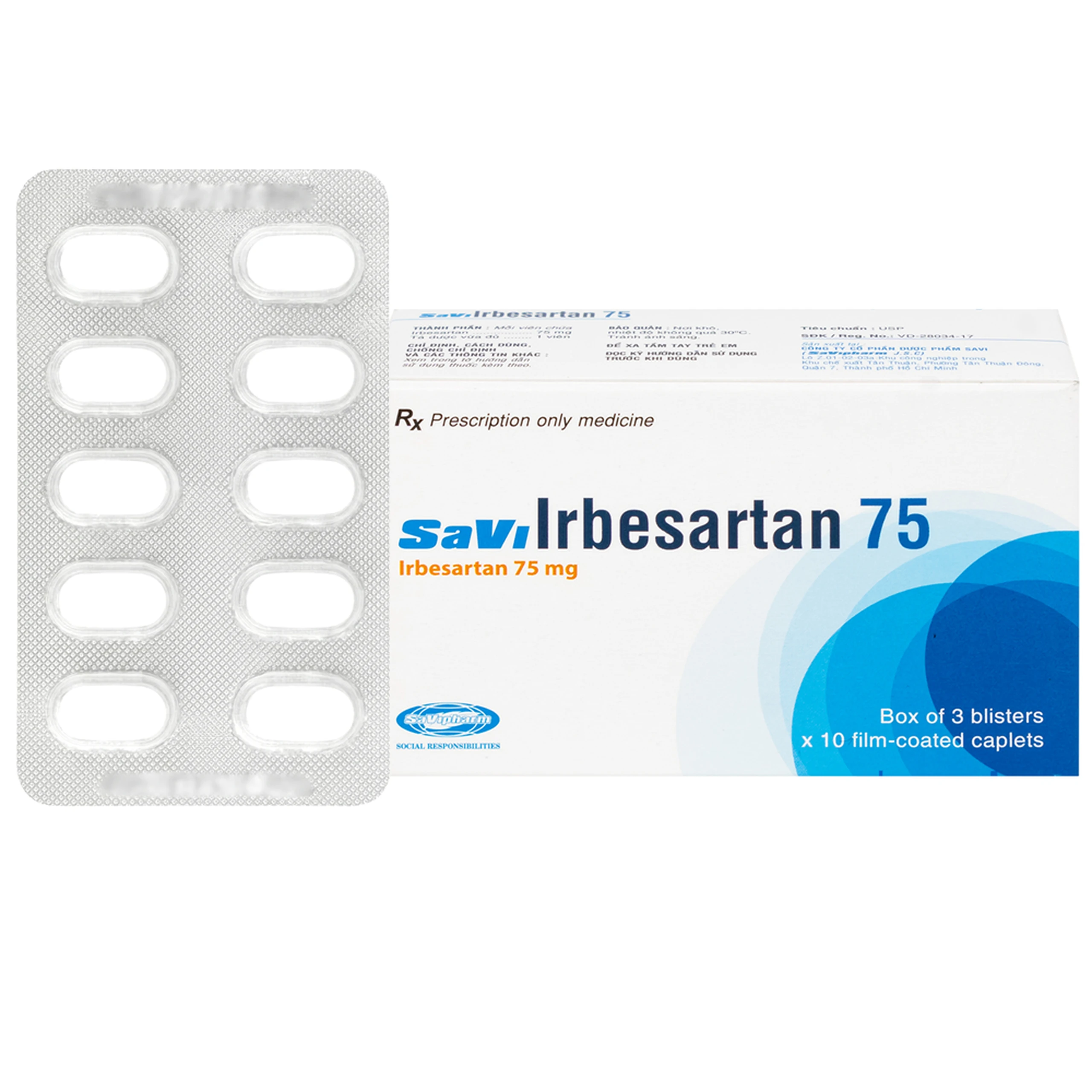 Thuốc SaVi Irbesartan 75 SaviPharm điều trị tăng huyết áp, bệnh thận (3 vỉ x 10 viên)