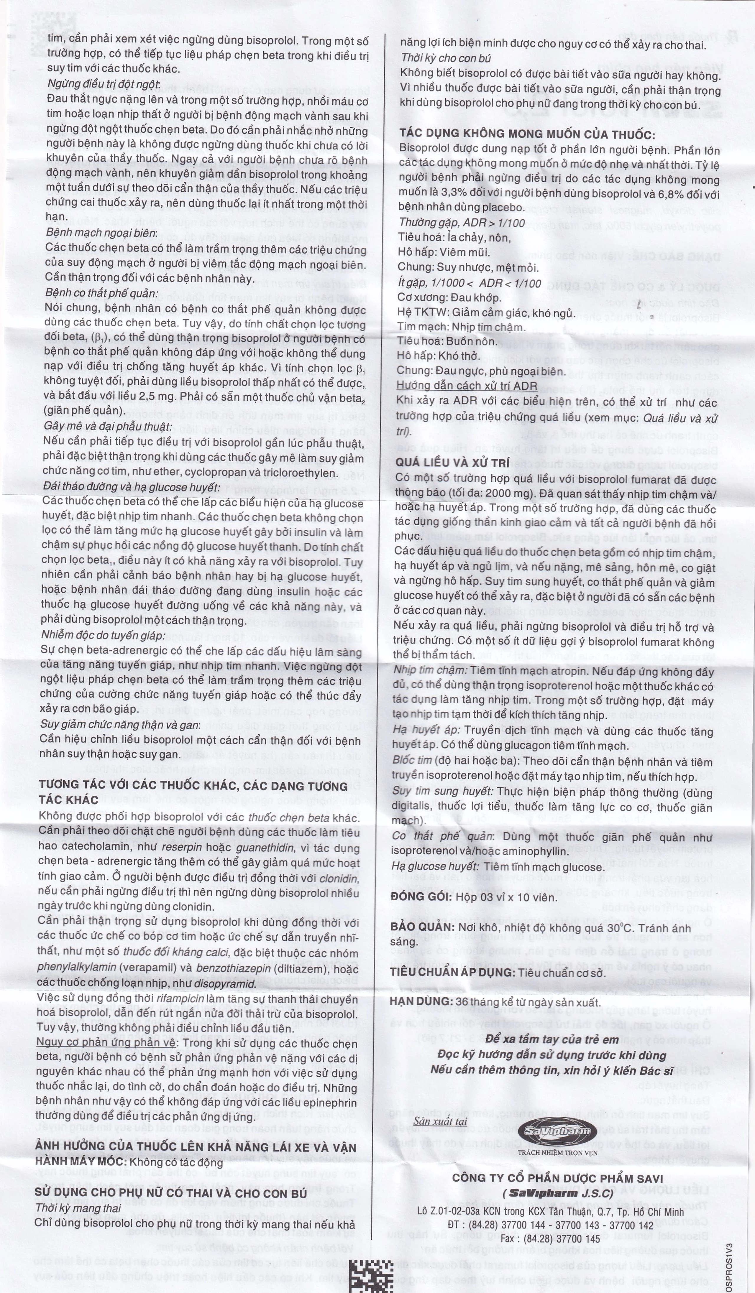 Thuốc SaViProlol 2,5 điều trị tăng huyết áp, đau thắt ngực (3 vỉ x 10 viên) 