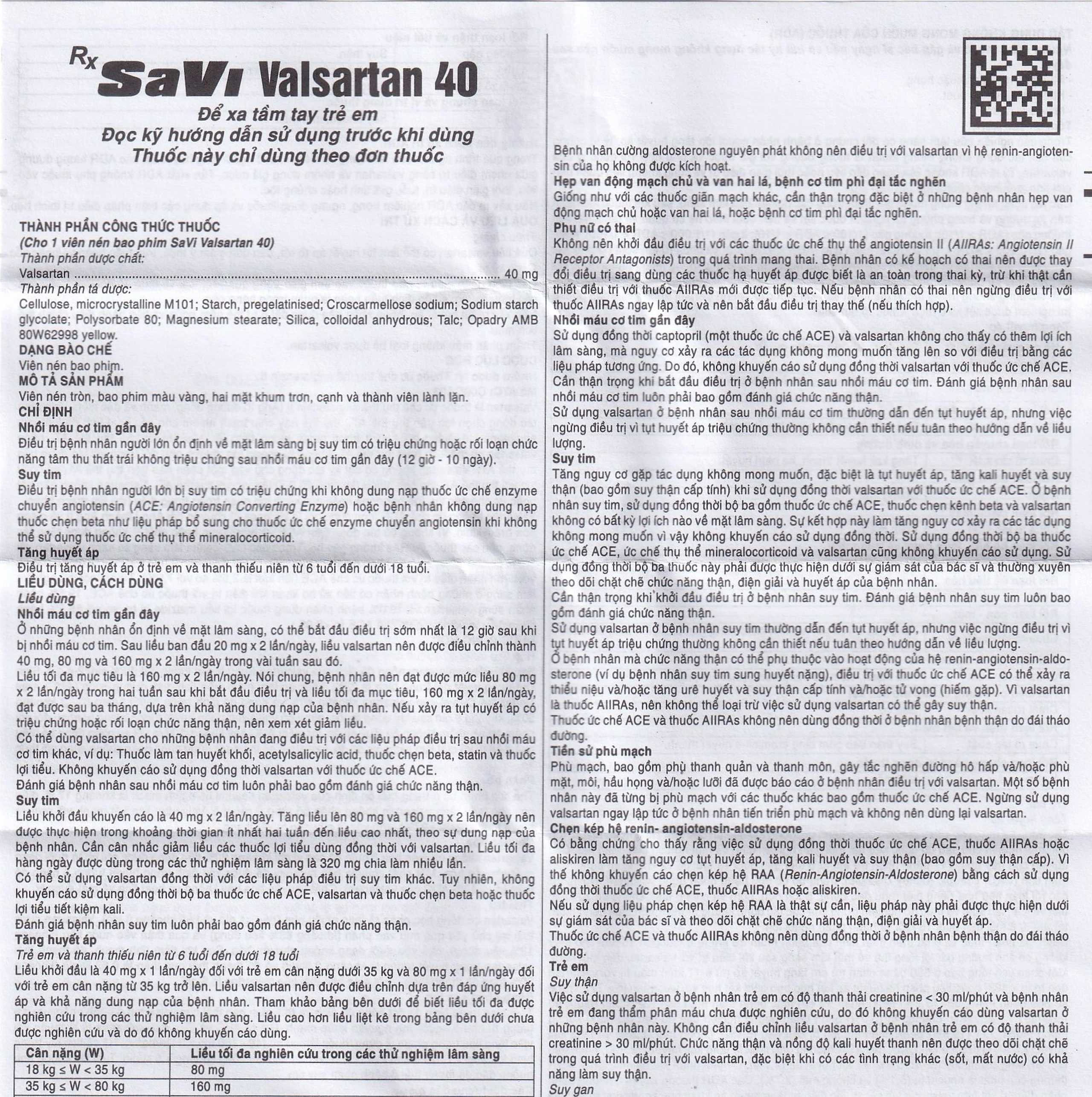 Thuốc SaVi Valsartan 40mg Savipharm điều trị nhồi máu cơ tim, suy tim và tăng huyết áp (3 vỉ x 10 viên)