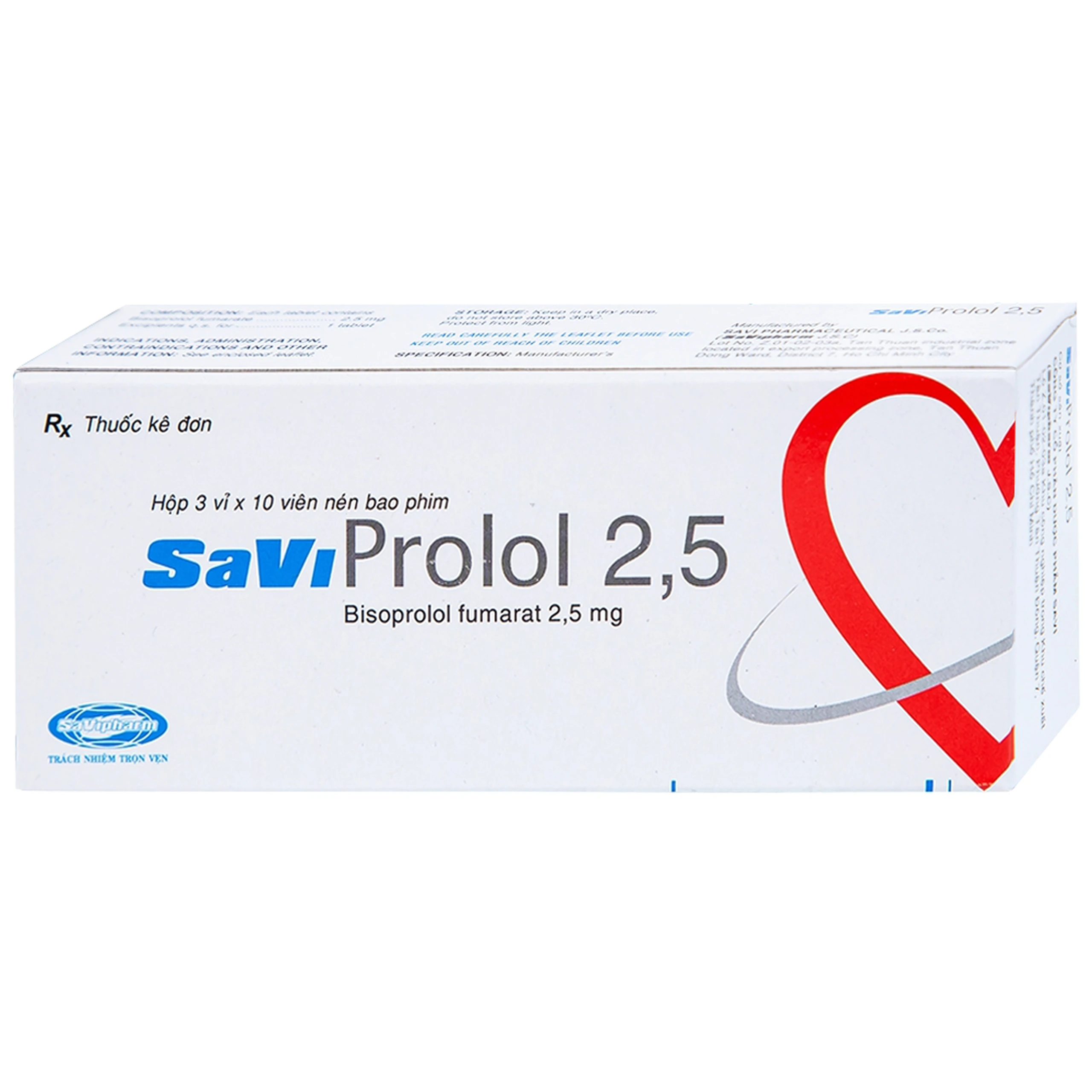Thuốc SaViProlol 2,5 điều trị tăng huyết áp, đau thắt ngực (3 vỉ x 10 viên) 