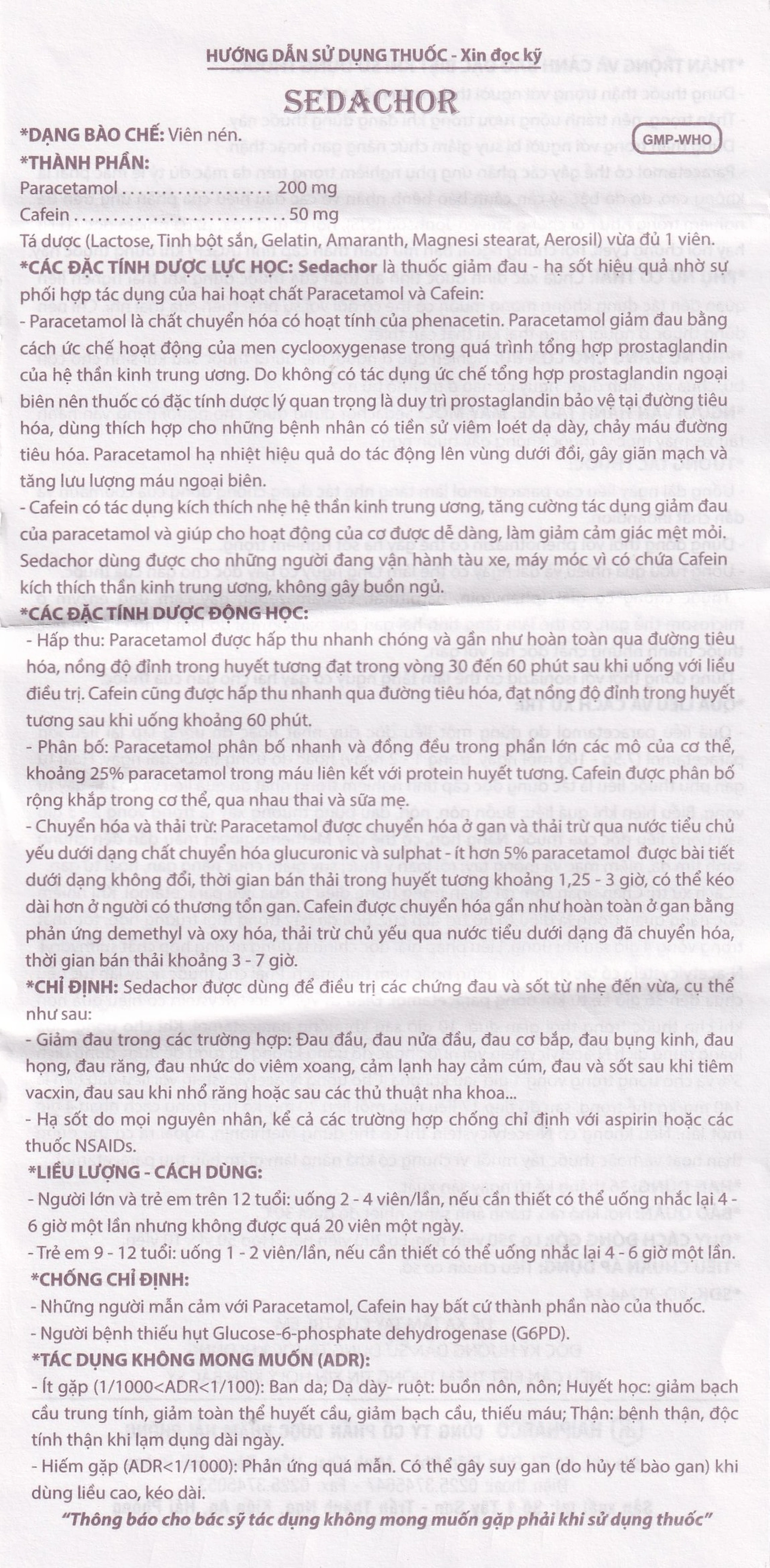 Thuốc Sedachor Haripharco hạ sốt, giảm đau, trị cảm cúm, nhức đầu (50 vỉ x 10 viên)