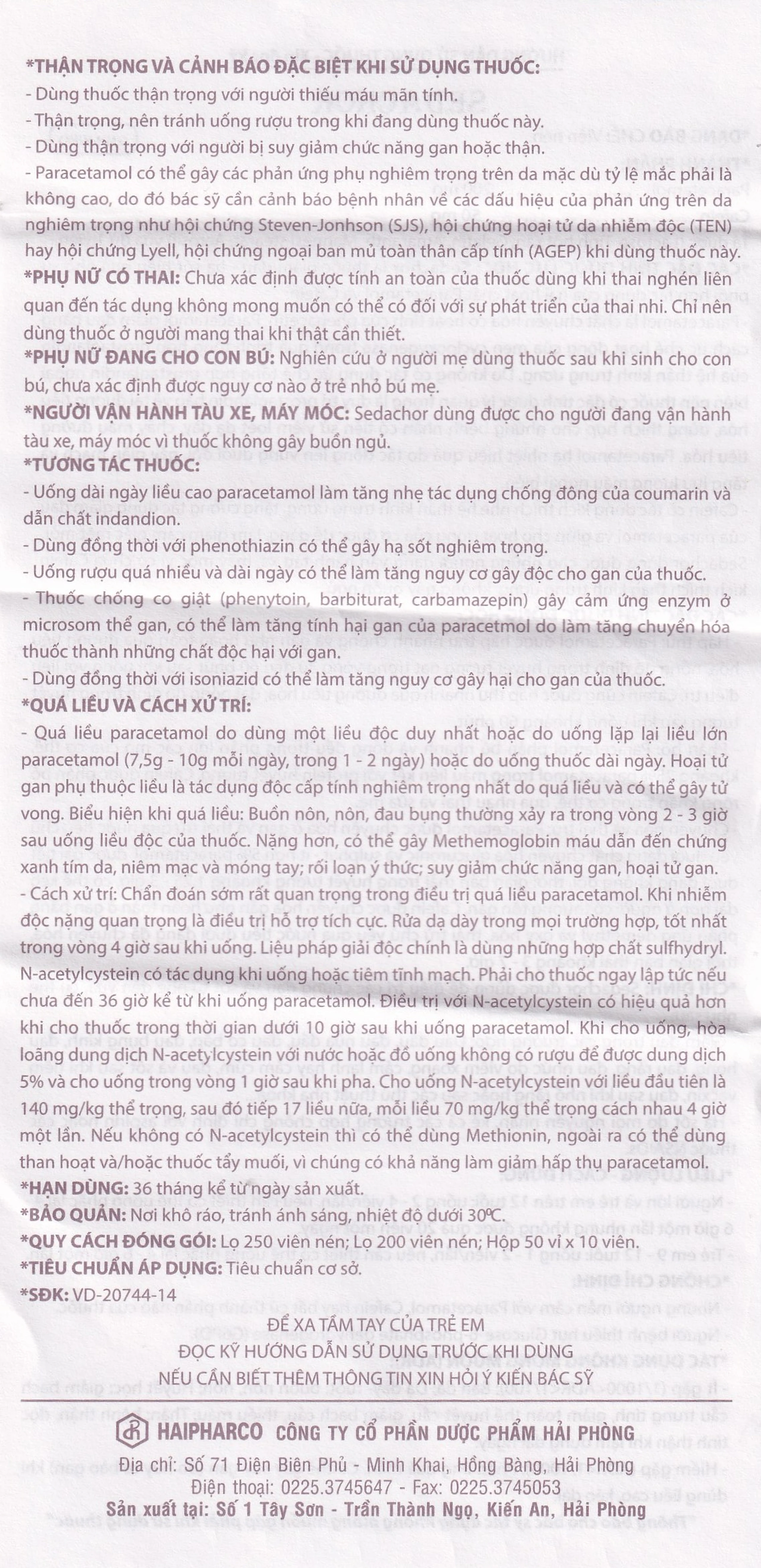 Thuốc Sedachor Haripharco hạ sốt, giảm đau, trị cảm cúm, nhức đầu (50 vỉ x 10 viên)