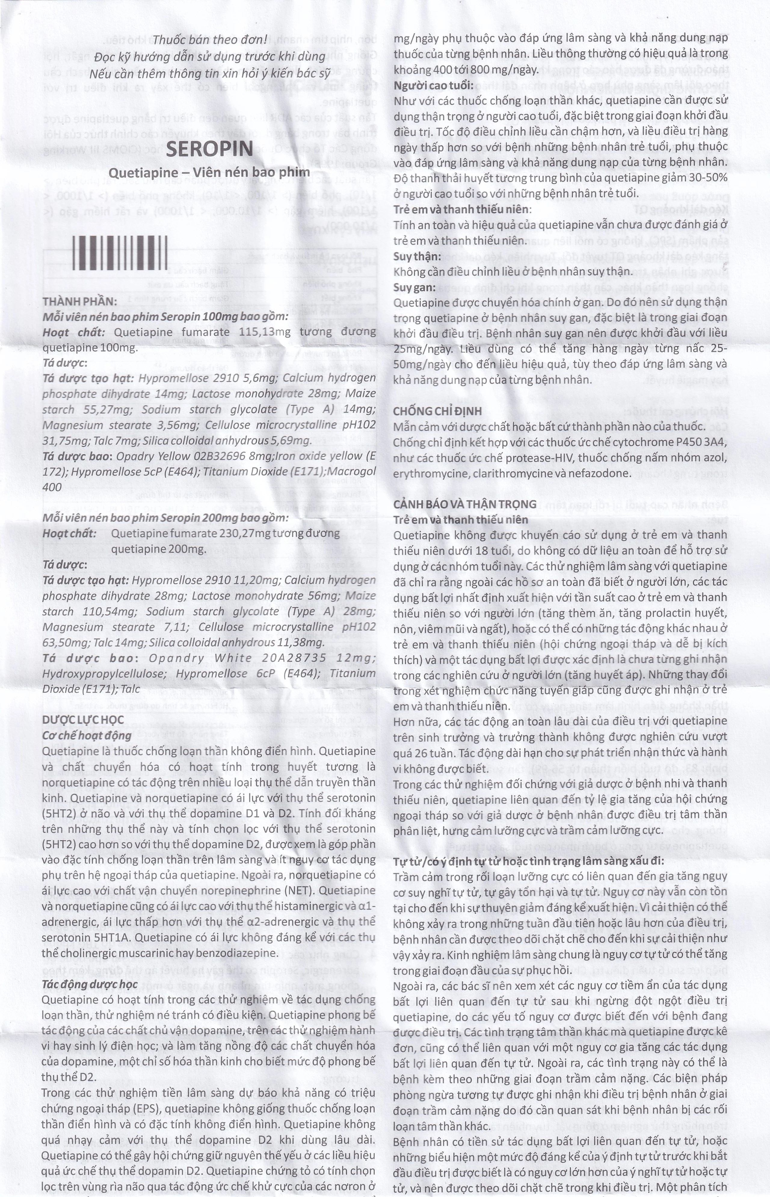 Thuốc Seropin 200mg Genepharm điều trị tâm thần phân liệt, hưng cảm lưỡng cực, trầm cảm lưỡng cực (6 vỉ x 10 viên)