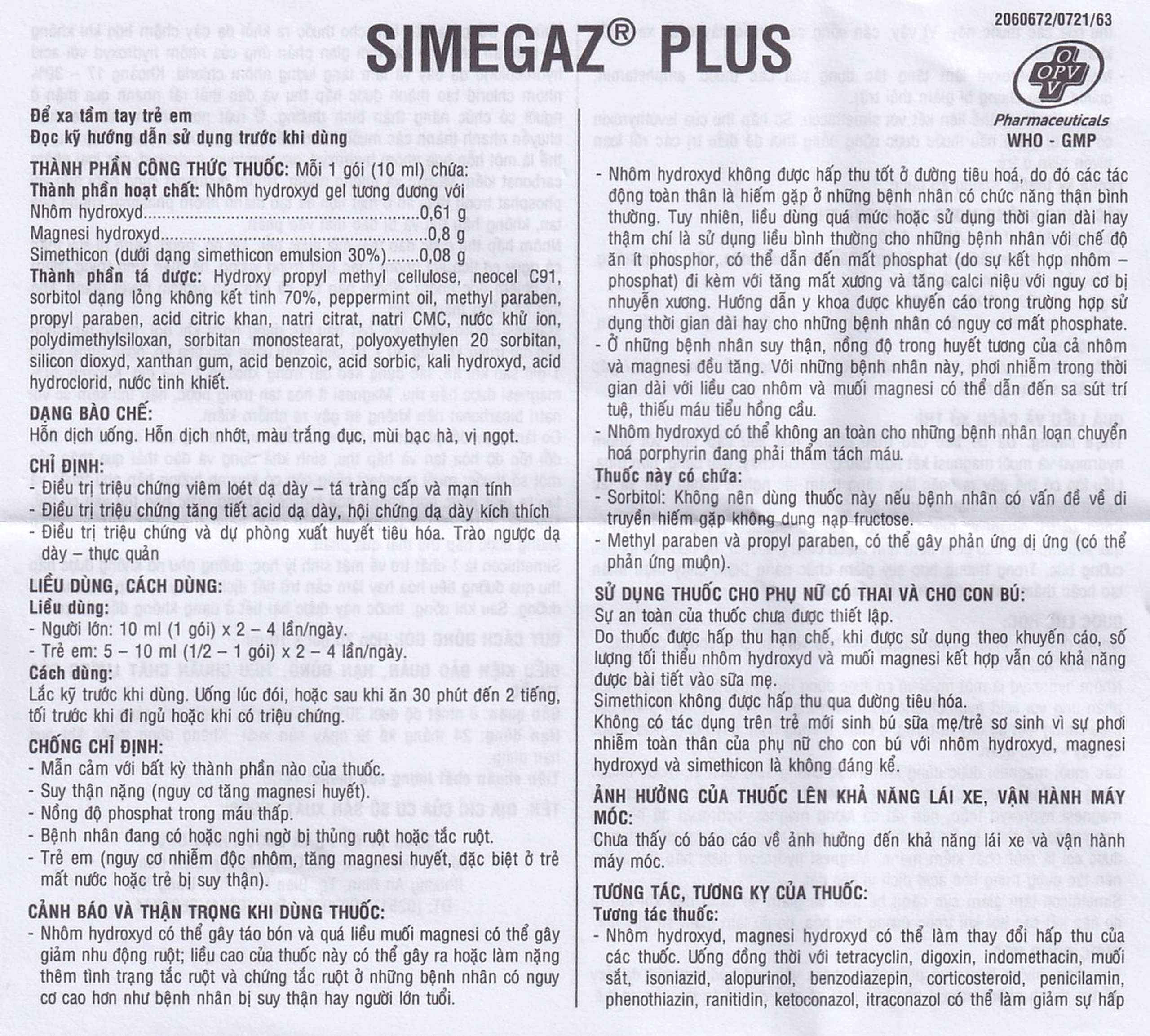 Hỗn dịch uống Simegaz Plus OPV vị bạc hà, điều trị viêm loét dạ dày , tăng acid dạ dày (20 gói x 10ml)