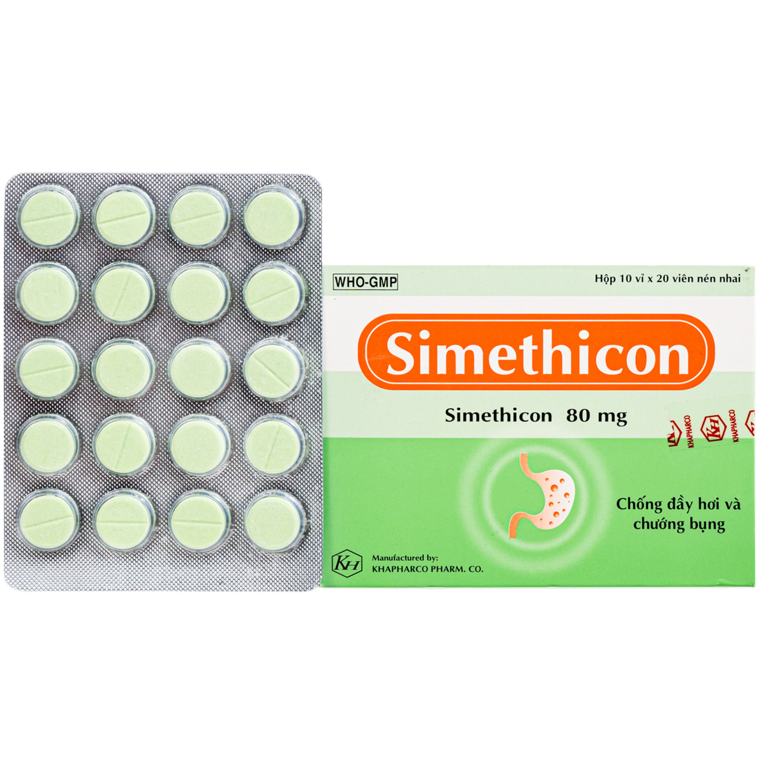 Thuốc Simethicon 80mg Khapharco điều trị triệu chứng đầy hơi, chướng bụng, khó tiêu do tích tụ khí trong dạ dày, ruột (10 vỉ x 20 viên) 1