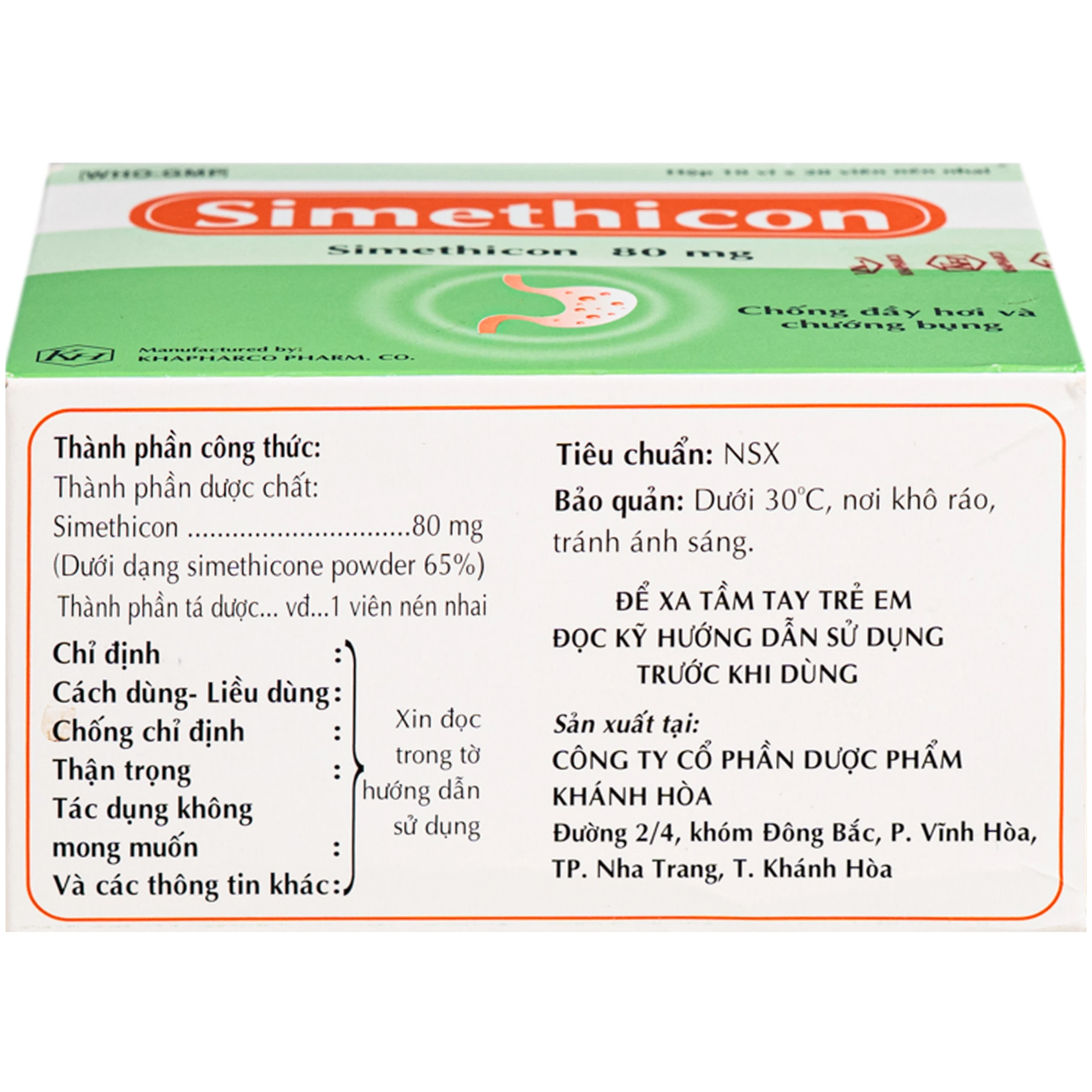 Thuốc Simethicon 80mg Khapharco điều trị triệu chứng đầy hơi, chướng bụng, khó tiêu do tích tụ khí trong dạ dày, ruột (10 vỉ x 20 viên) 4