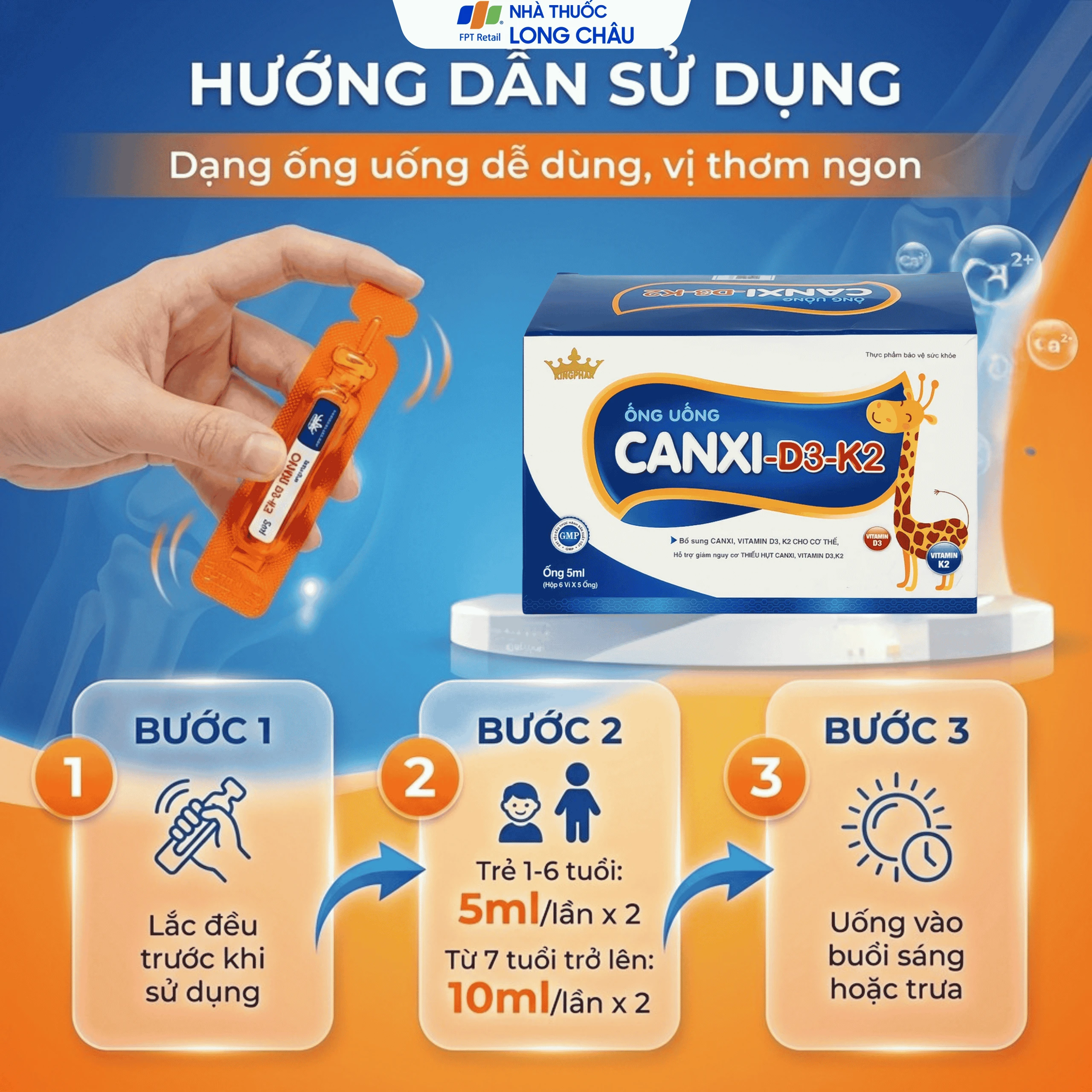 Siro bổ sung canxi & vitamin D3, K2 cho cơ thể Canxi-D3-K2 Kingphar (6 vỉ x 5 ống x 5ml) 5
