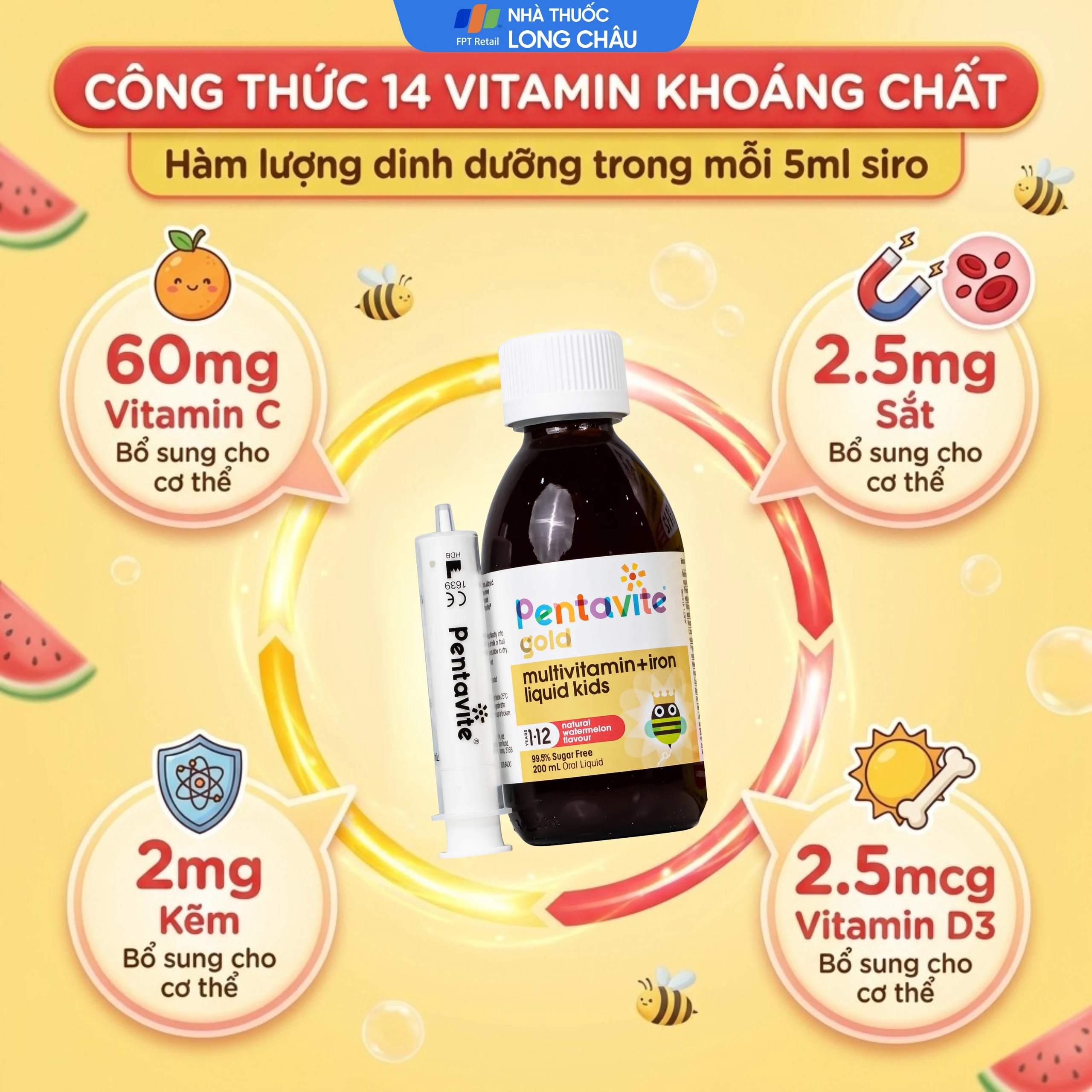 Siro bổ sung vitamin, khoáng chất cho trẻ từ 1-12 tuổi Multivitamin + Iron liquids kids Pentavite (200ml) 3
