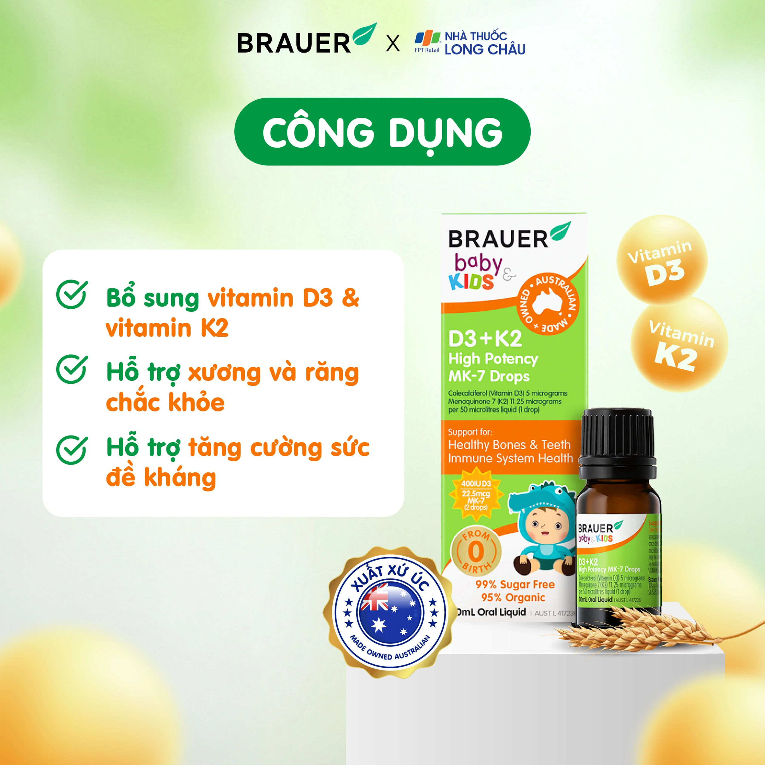 Siro giúp xương răng chắc khỏe, bổ sung vitamin D3 + K2 Brauer Baby & Kids D3 + K2 High Potency MK-7 Drops (10ml) 2