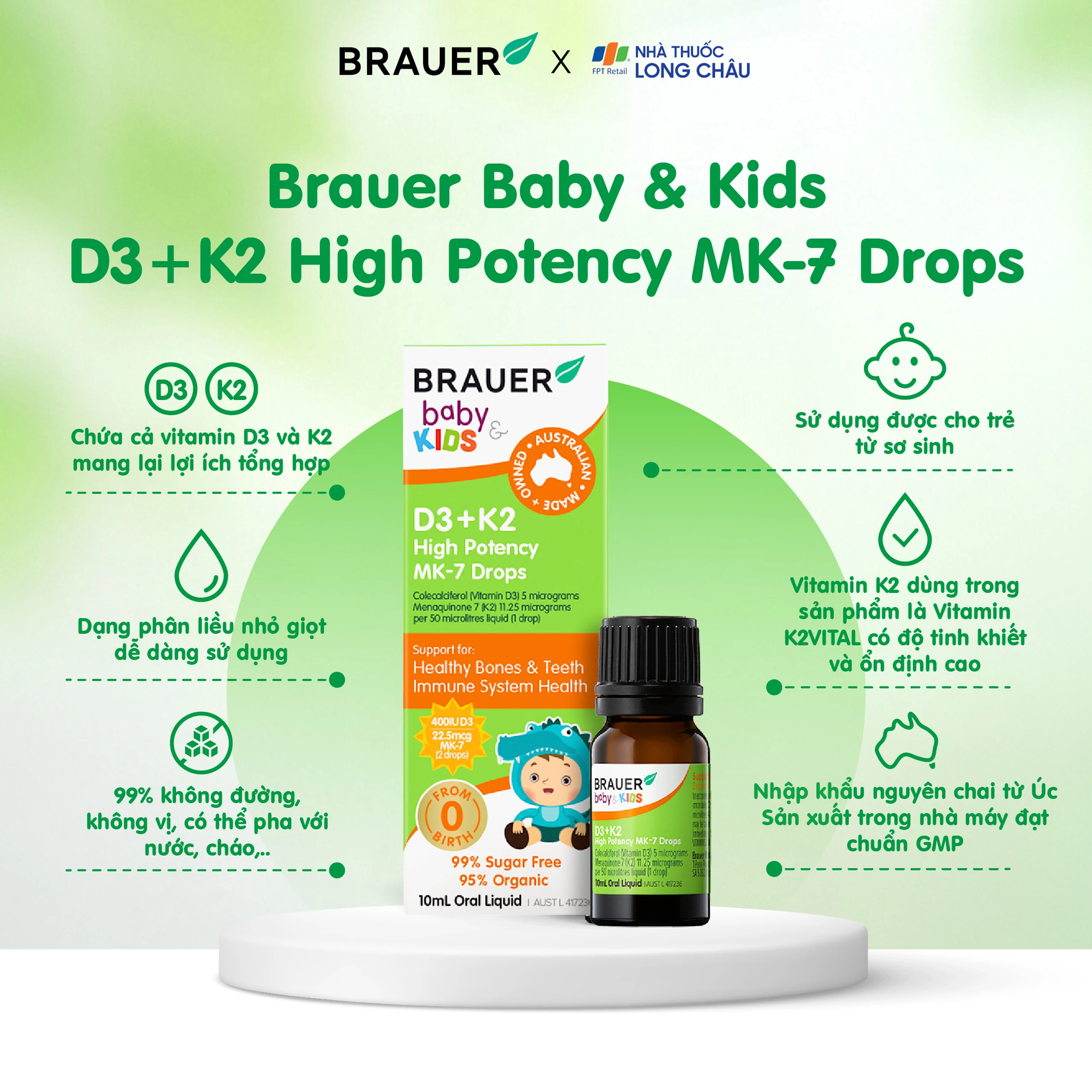 Siro giúp xương răng chắc khỏe, bổ sung vitamin D3 + K2 Brauer Baby & Kids D3 + K2 High Potency MK-7 Drops (10ml) 3
