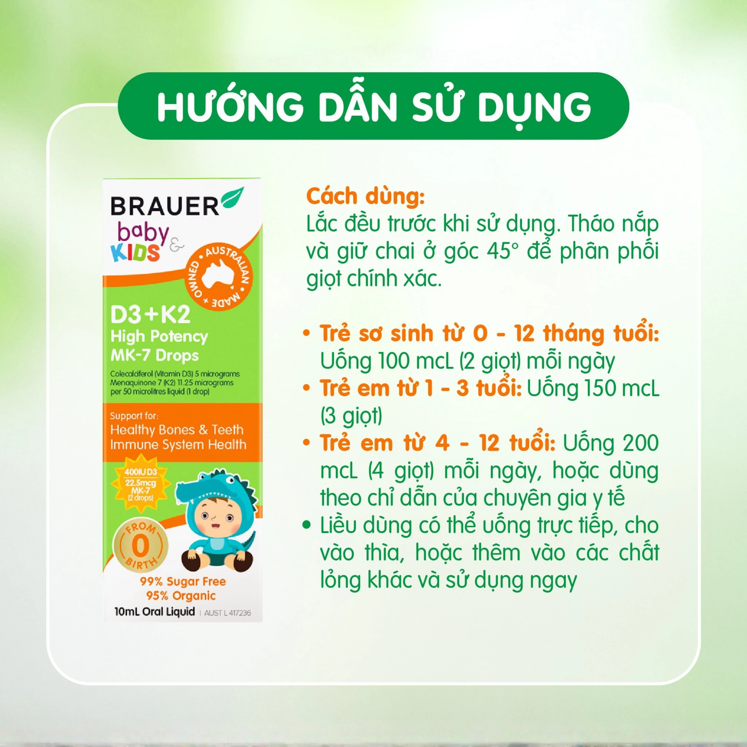 Siro giúp xương răng chắc khỏe, bổ sung vitamin D3 + K2 Brauer Baby & Kids D3 + K2 High Potency MK-7 Drops (10ml)