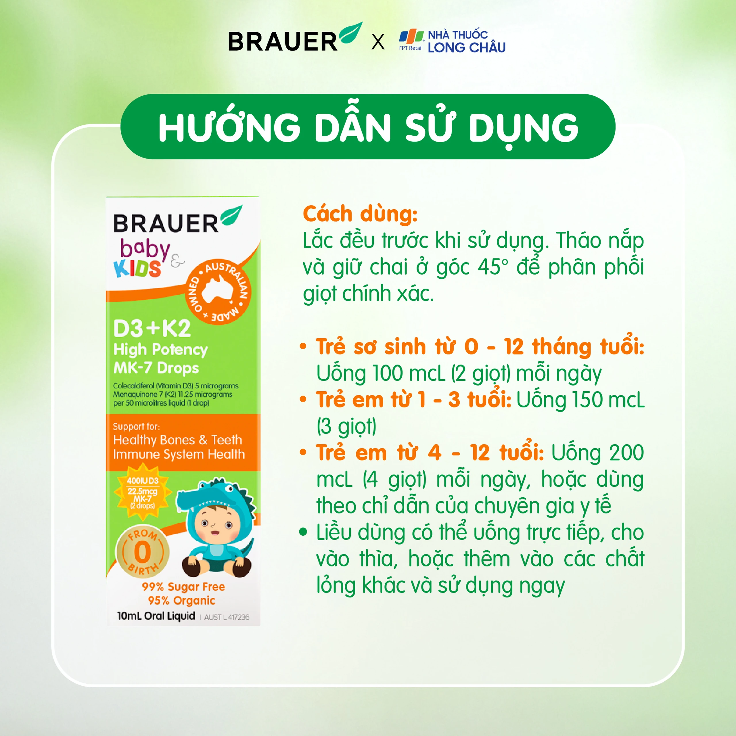 Siro giúp xương răng chắc khỏe, bổ sung vitamin D3 + K2 Brauer Baby & Kids D3 + K2 High Potency MK-7 Drops (10ml) 5