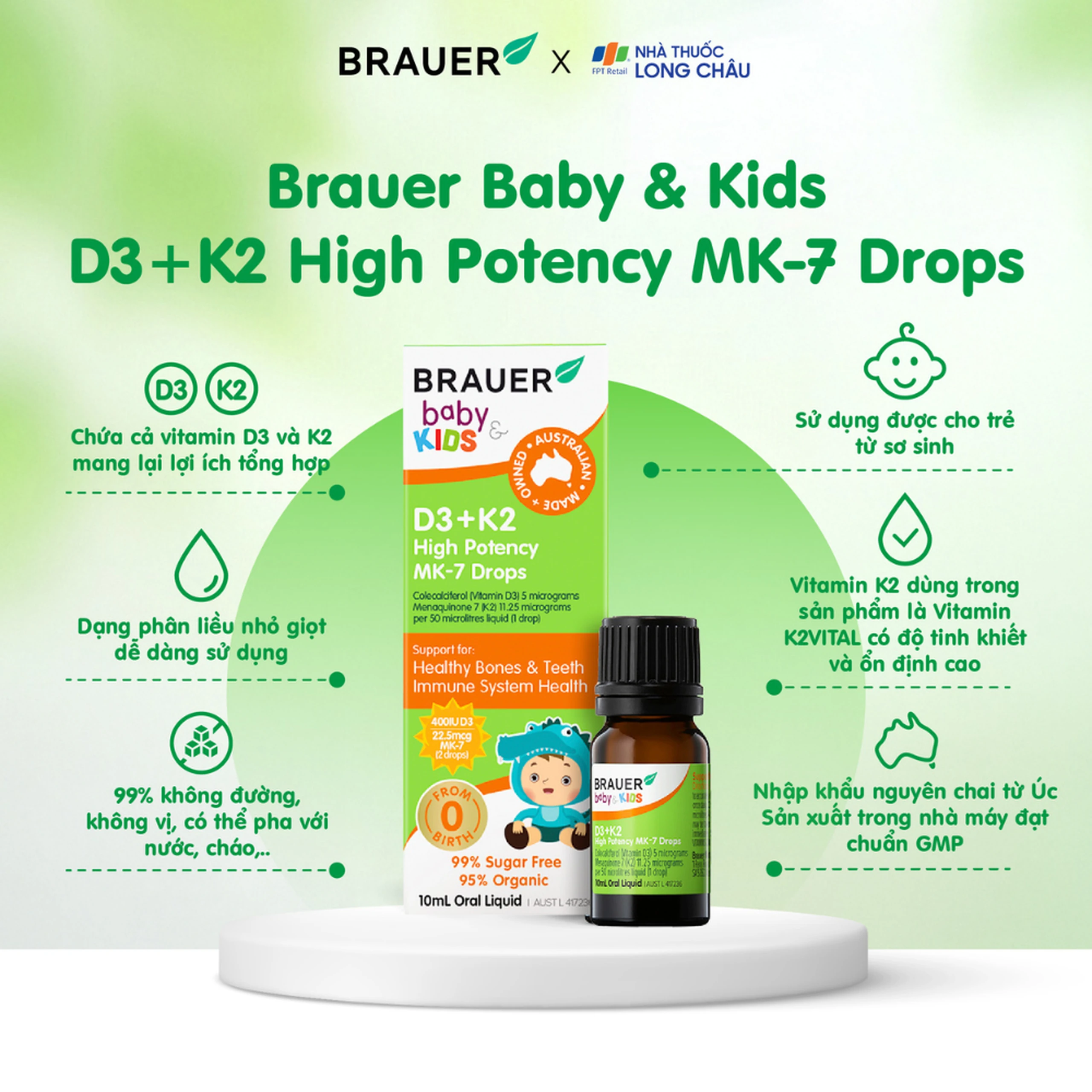 Siro giúp xương răng chắc khỏe, bổ sung vitamin D3 + K2 Brauer Baby & Kids D3 + K2 High Potency MK-7 Drops (10ml) 3