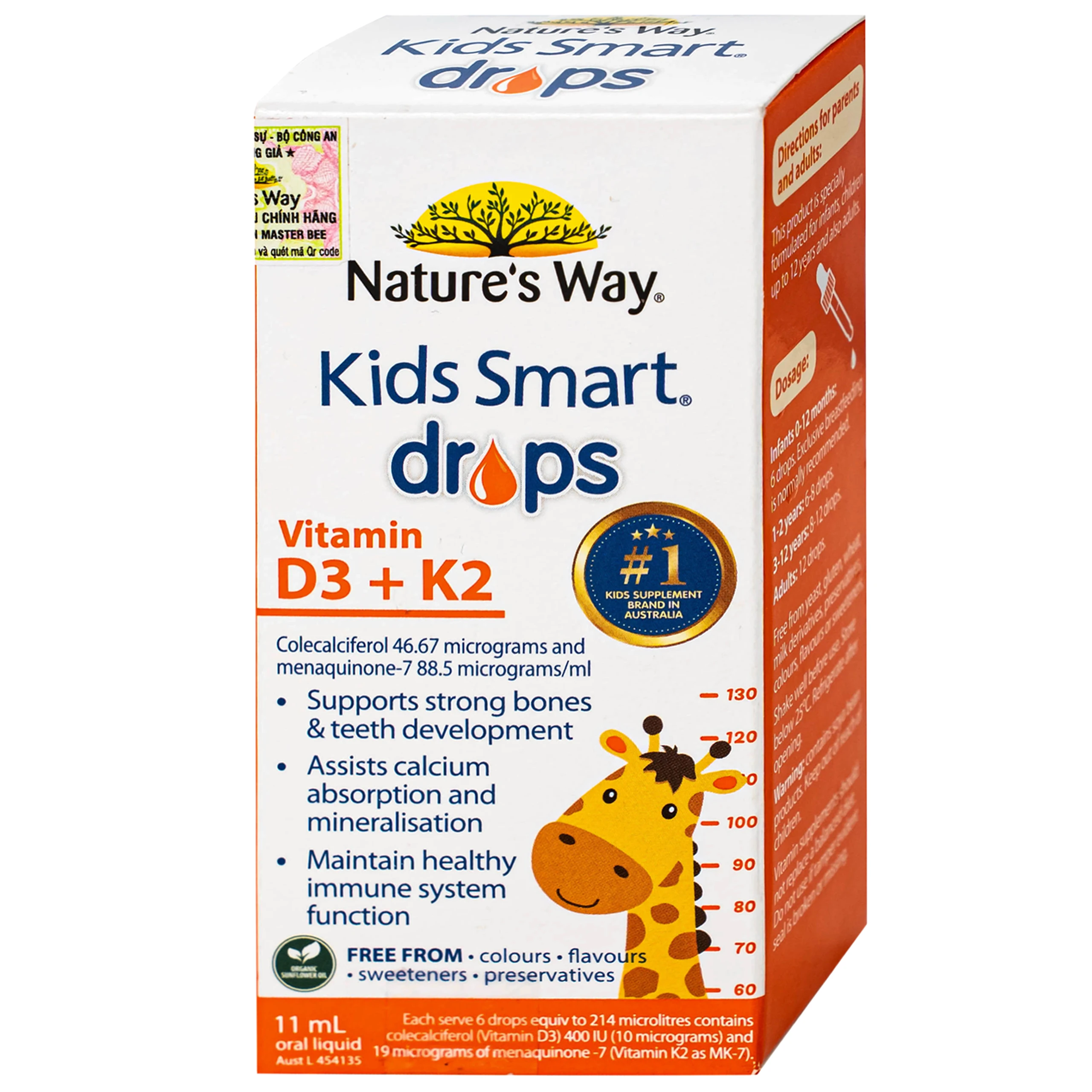 Siro hỗ trợ hấp thu canxi, giúp xương, răng chắc khỏe Nature's Way Kids Smart Drops Vitamin D3+K2 (Hộp 11ml)