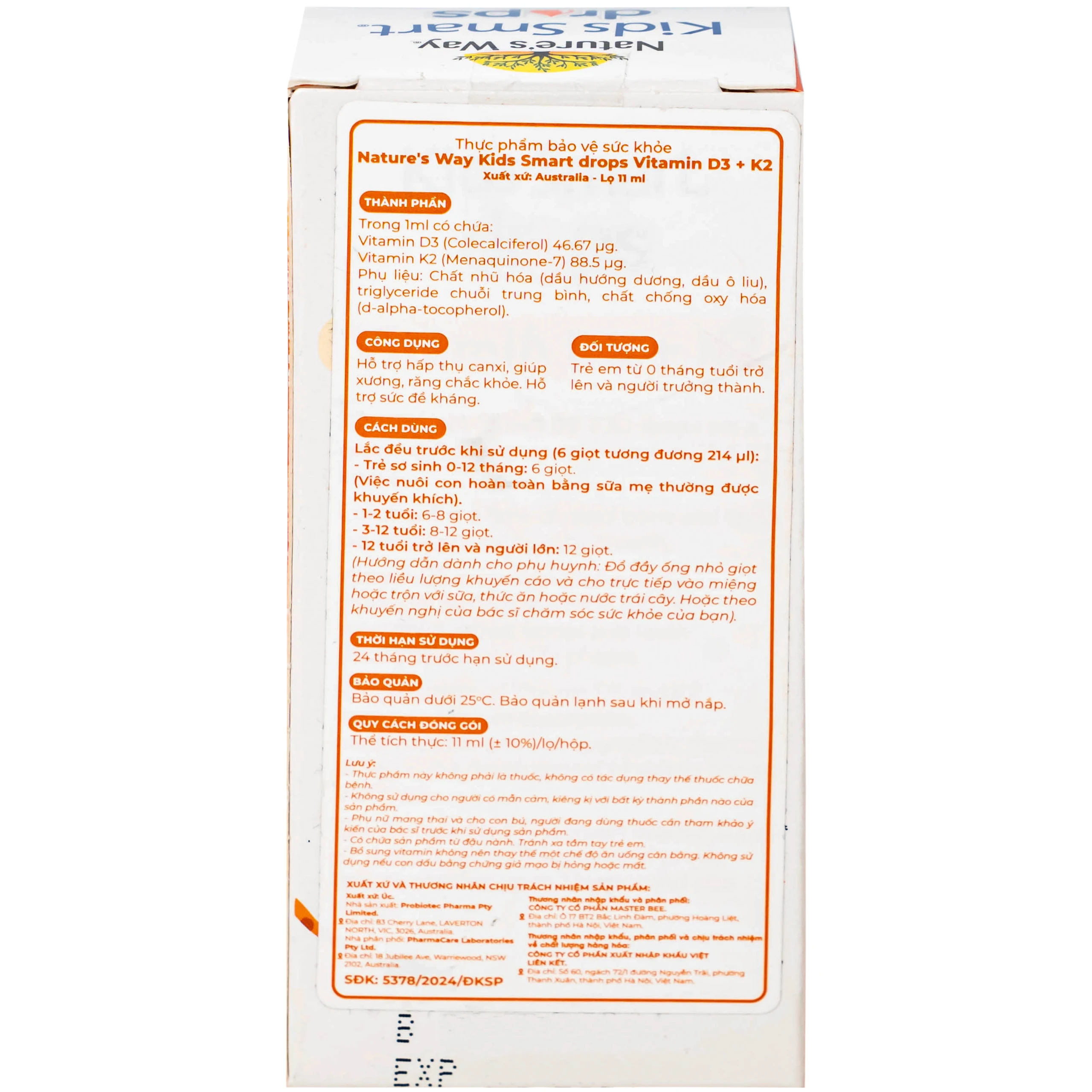 Siro hỗ trợ hấp thu canxi, giúp xương, răng chắc khỏe Nature's Way Kids Smart Drops Vitamin D3+K2 (Hộp 11ml)