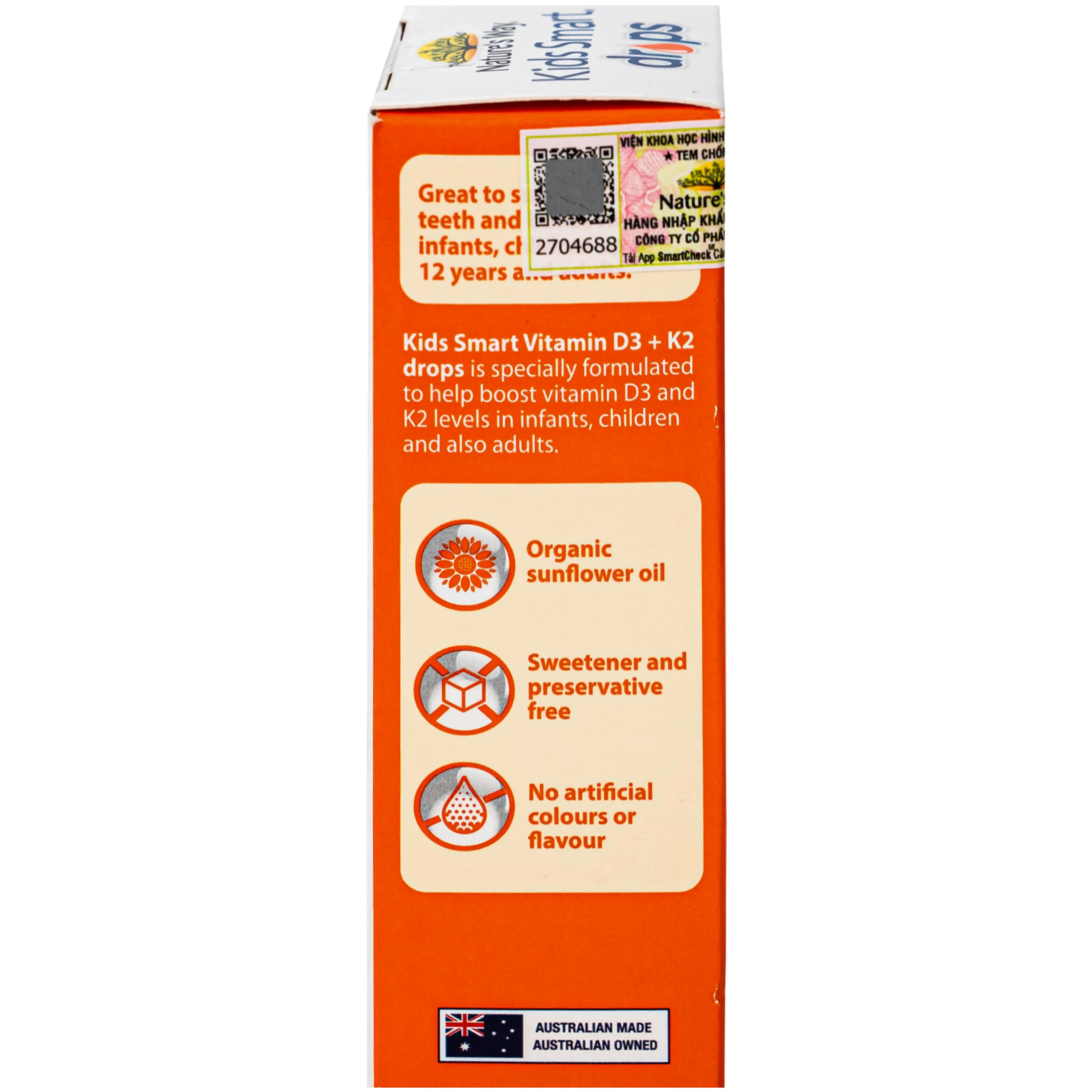 Siro hỗ trợ hấp thu canxi, giúp xương, răng chắc khỏe Nature's Way Kids Smart Drops Vitamin D3+K2 (Hộp 11ml)