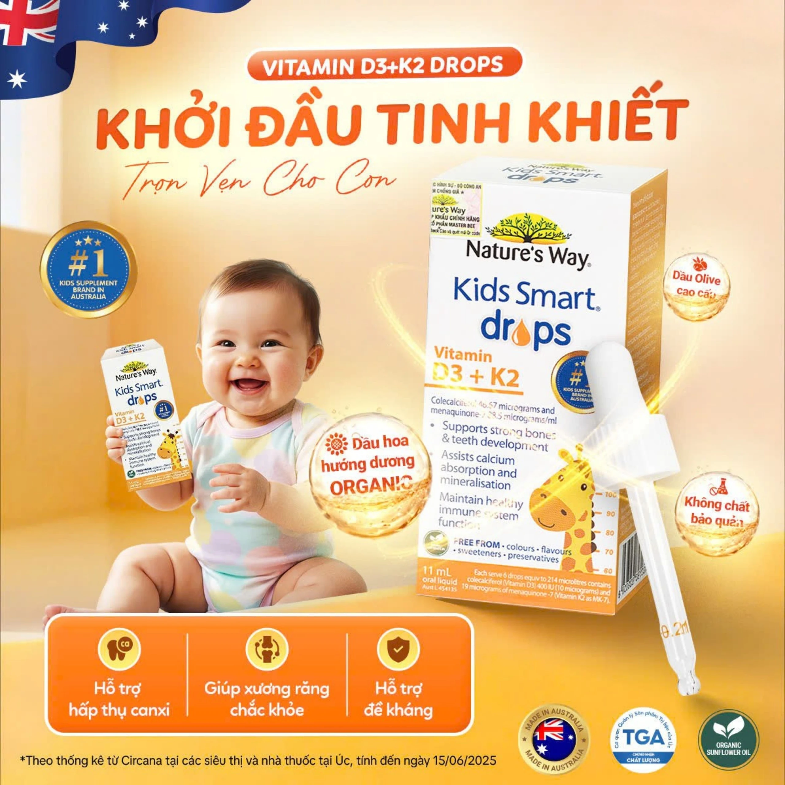 Siro hỗ trợ hấp thu canxi, giúp xương, răng chắc khỏe Nature's Way Kids Smart Drops Vitamin D3+K2 (Hộp 11ml) 2