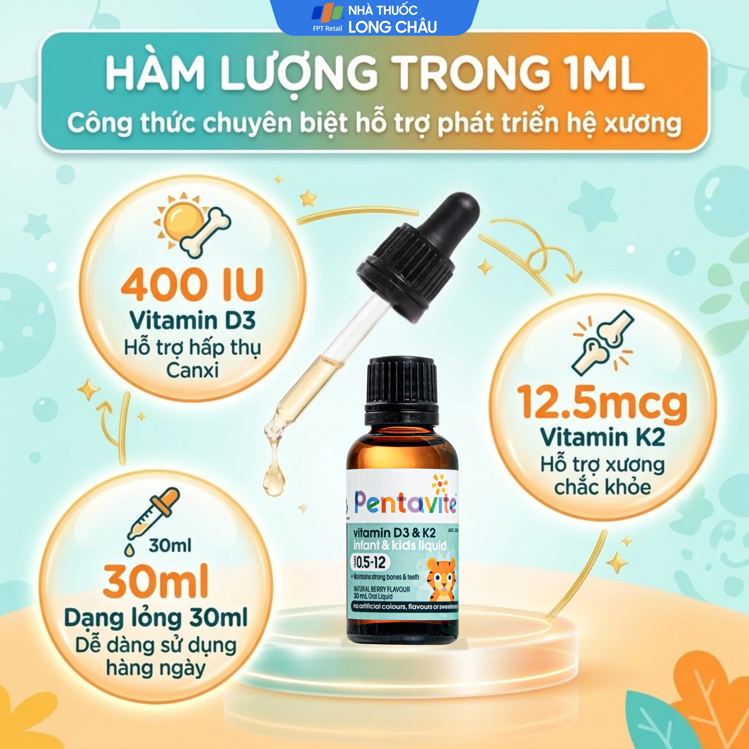 Siro hỗ trợ xương và răng chắc khoẻ Pentavite Vitamin D3 & K2 Infant & Kid liquid 30ml 3