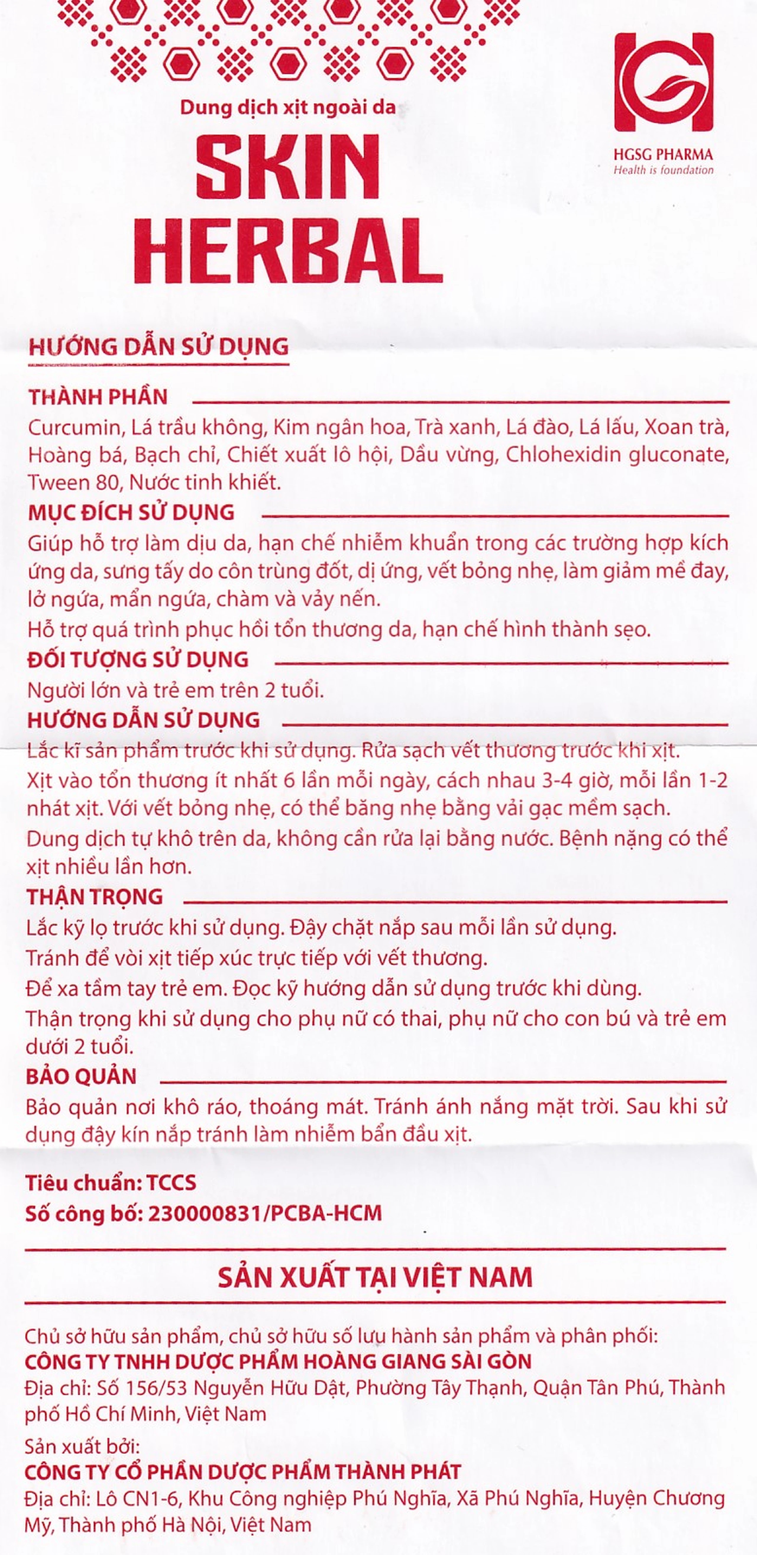 Xịt giảm ngứa, mề đay, chàm, vết bỏng nhẹ Skin Herbal 20ml