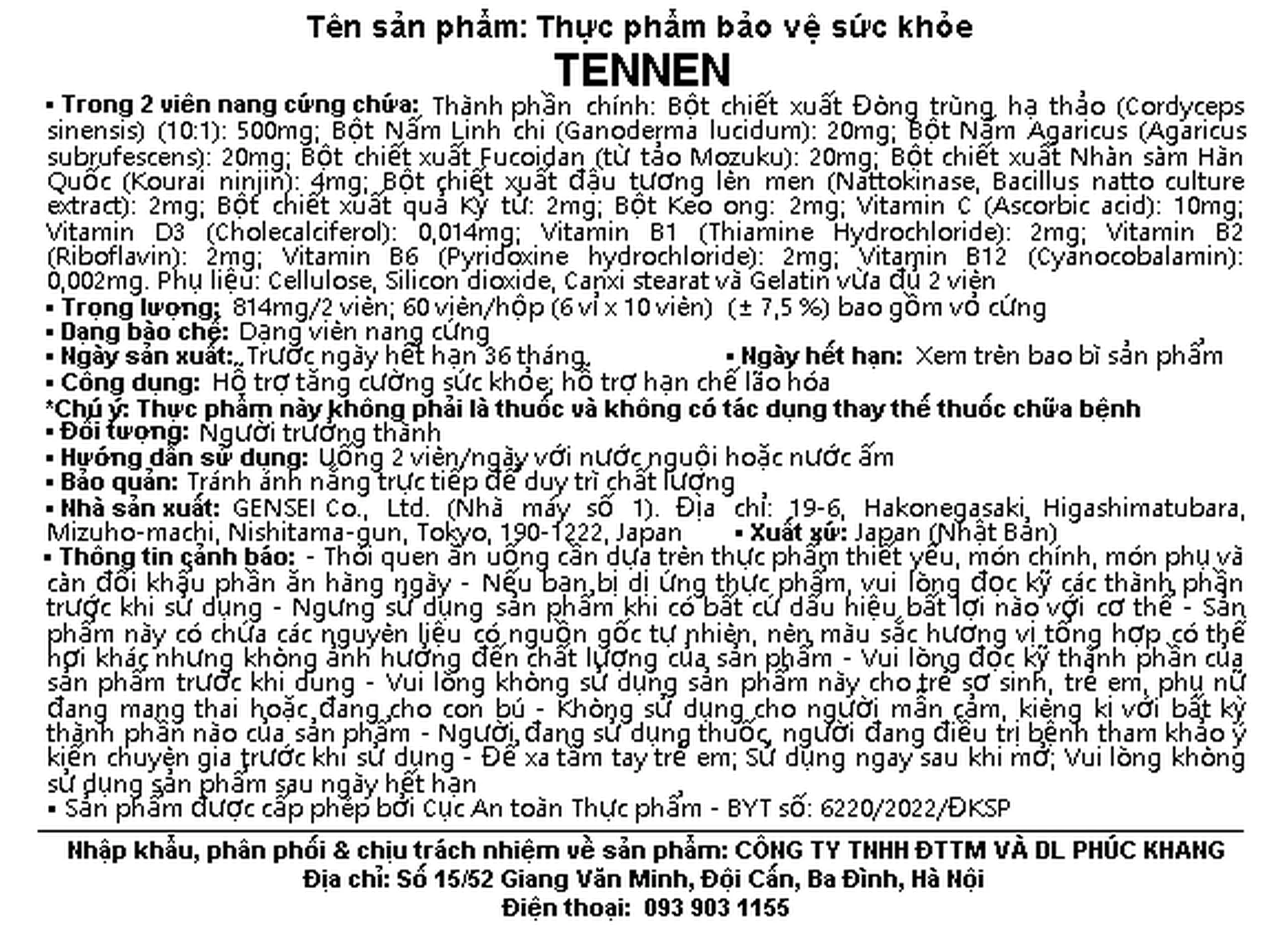 Viên uống Đông Trùng Hạ Thảo hỗ trợ tăng cường sức khỏe, hạn chế lão hóa Tennen Jpanwell (6 vỉ x 10 viên)