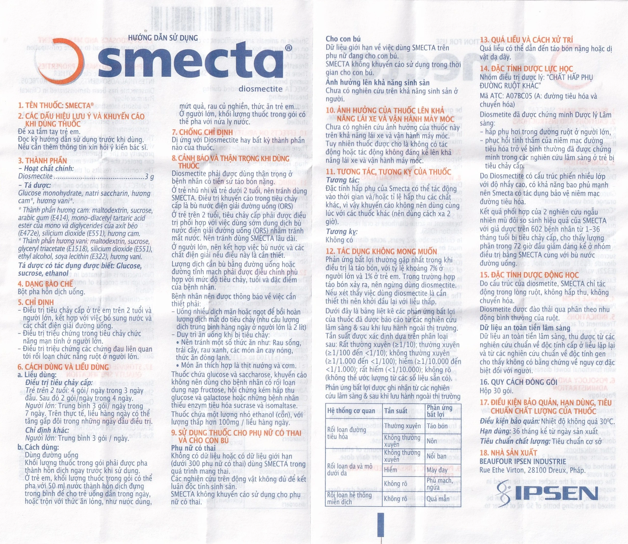 Thuốc bột pha hỗn dịch uống Smecta Ipsen hương cam & vani điều trị tiêu chảy, bảo vệ niêm mạc tiêu hoá (30 gói)