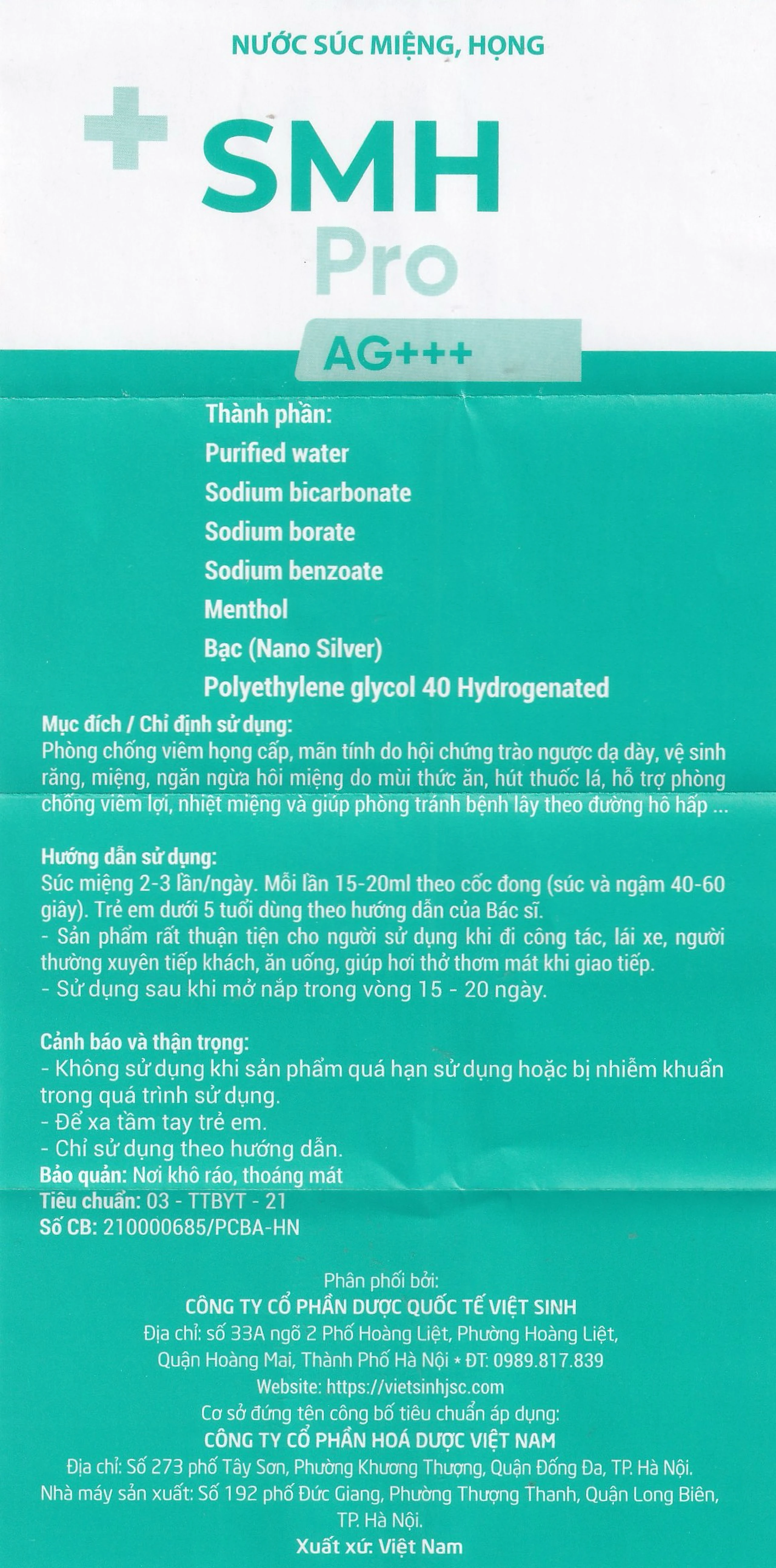 Nước súc miệng SMH Pro AG+++ 300ml Việt Sinh giúp vệ sinh răng, miệng, ngăn ngừa hôi miệng