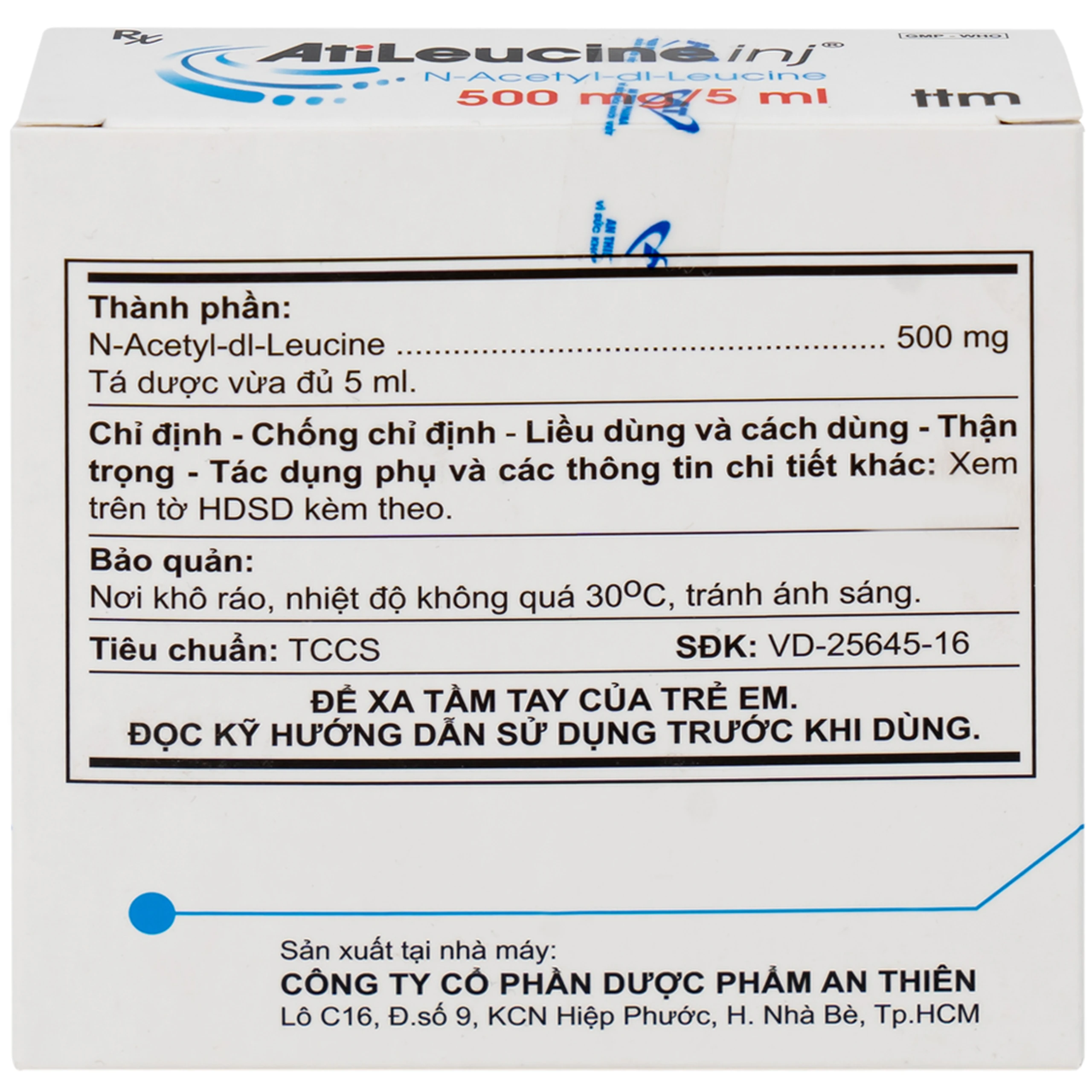 Dung dịch tiêm AtiLeucine inj 500mg/5ml An Thiên điều trị triệu chứng cơn chóng mặt (2 vỉ x 5 ống)