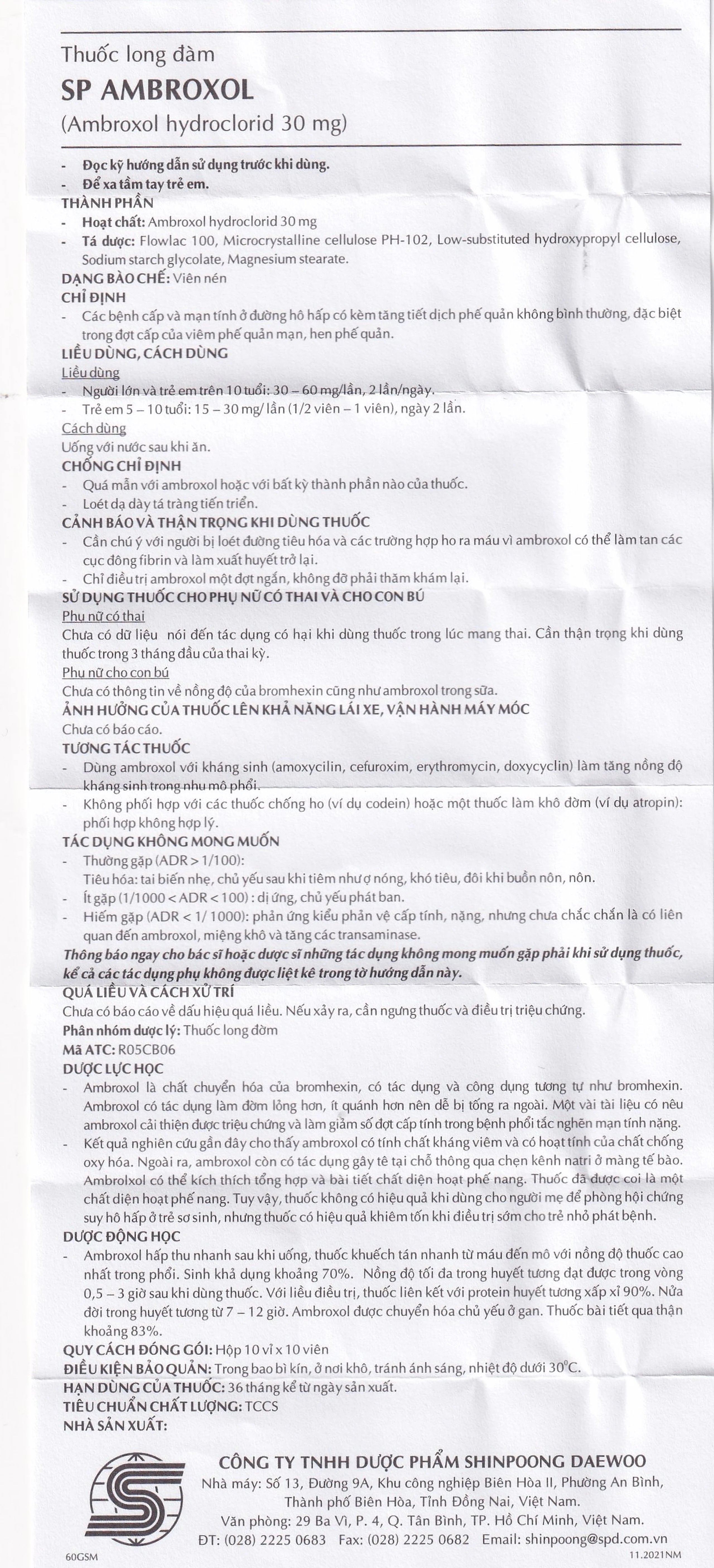 Thuốc SP Ambroxol 30mg điều trị các bệnh cấp và mạn tính ở đường hô hấp (10 vỉ x 10 viên)