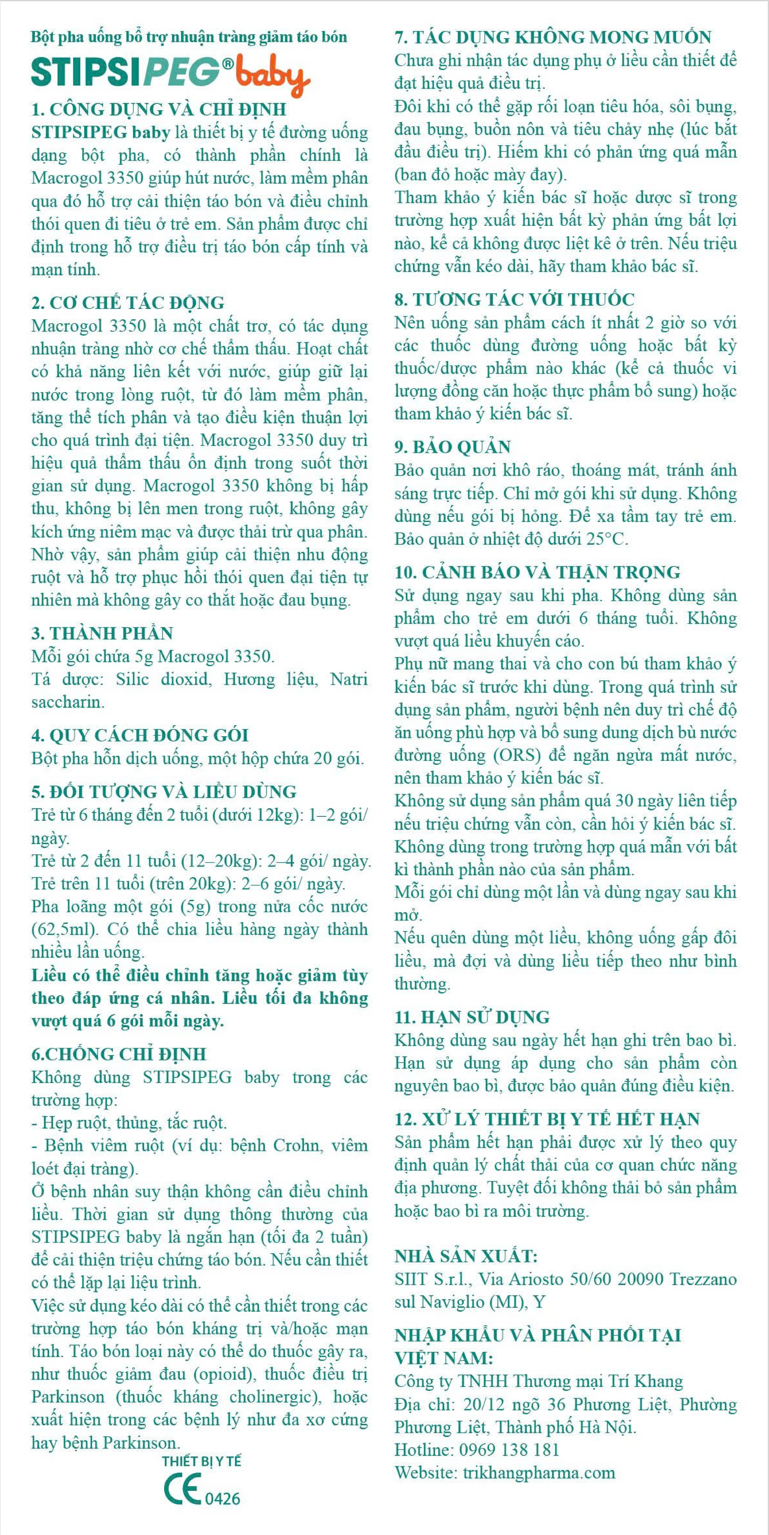 Bột nhuận tràng Stipsipeg Baby Macrogol 3350 (20 gói x 5g) cải thiện tình trạng táo bón cho trẻ từ 6 tháng tuổi