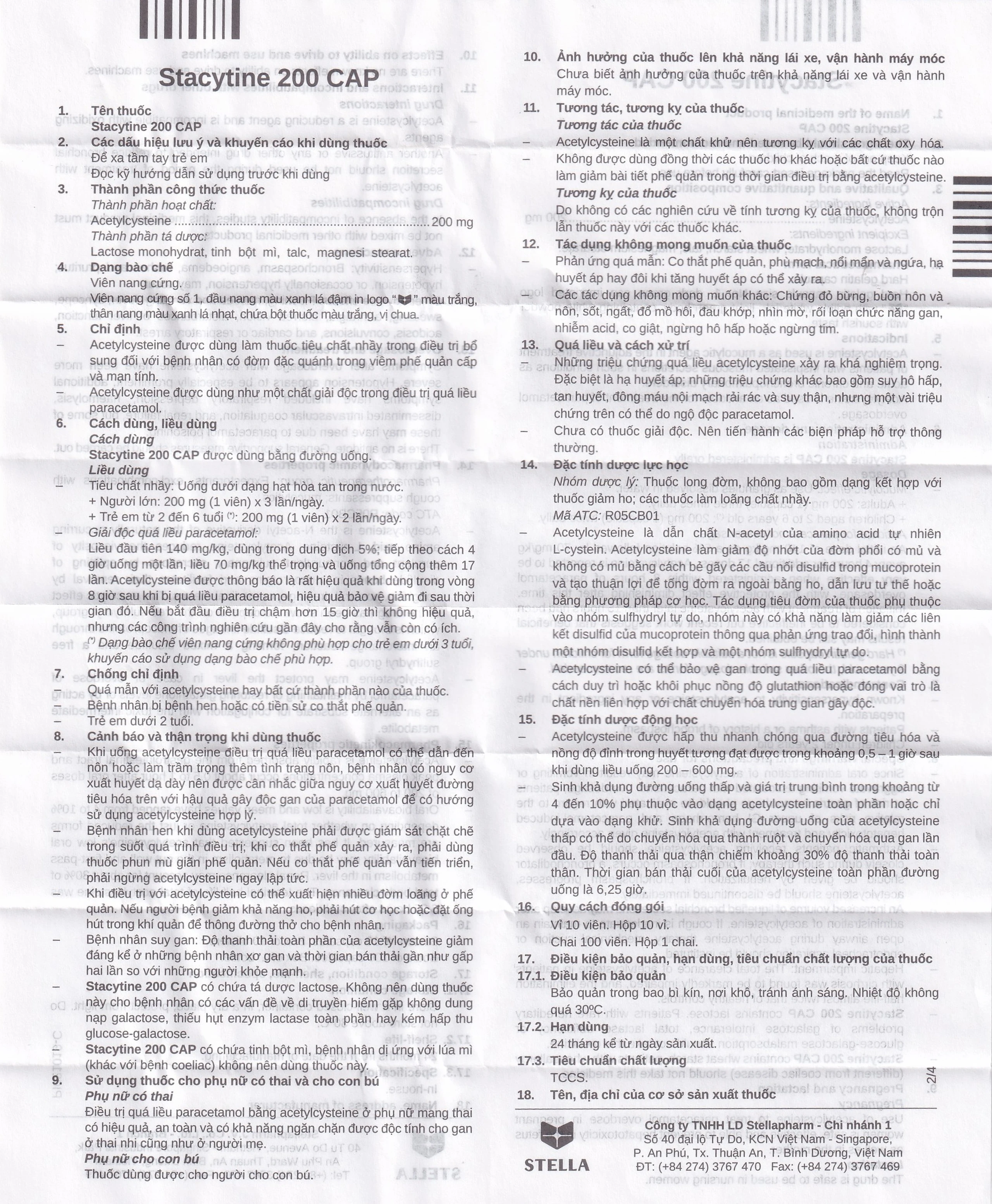 Thuốc Stacytine 200 CAP Stella điều trị long đờm trong viêm phế quản (10 vỉ x 10 viên)