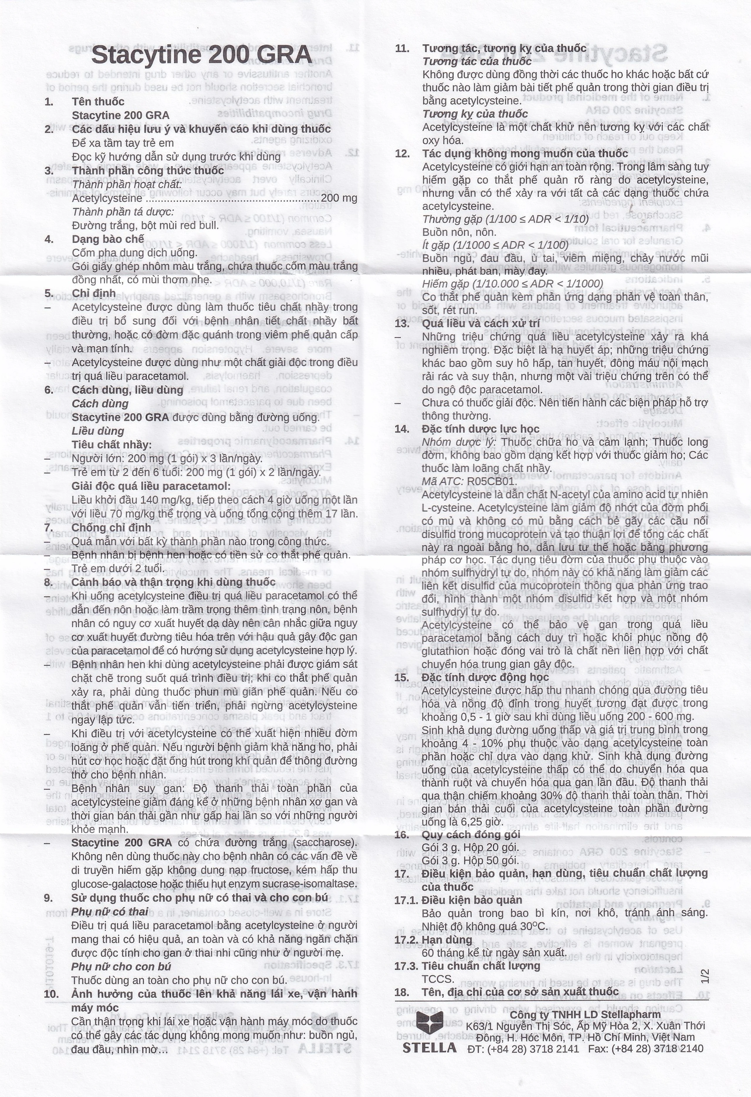 Cốm pha dung dịch uống Stacytine 200 GRA Stella tiêu nhầy, long đờm (20 gói)