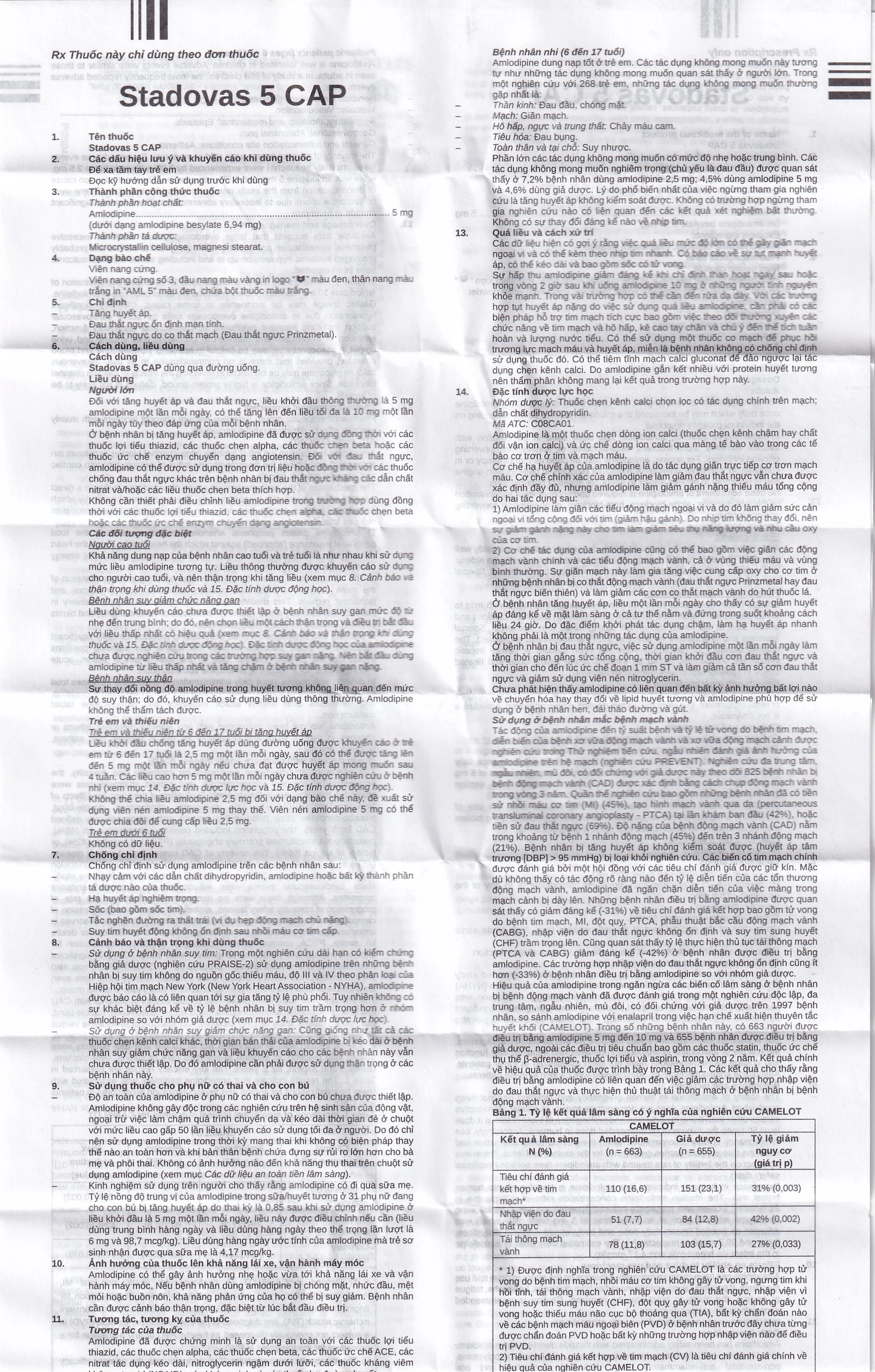 Thuốc Stadovas 5 CAP Stella điều trị tăng huyết áp, đau thắt ngực mạn tính ổn định (3 vỉ x 10 viên)
