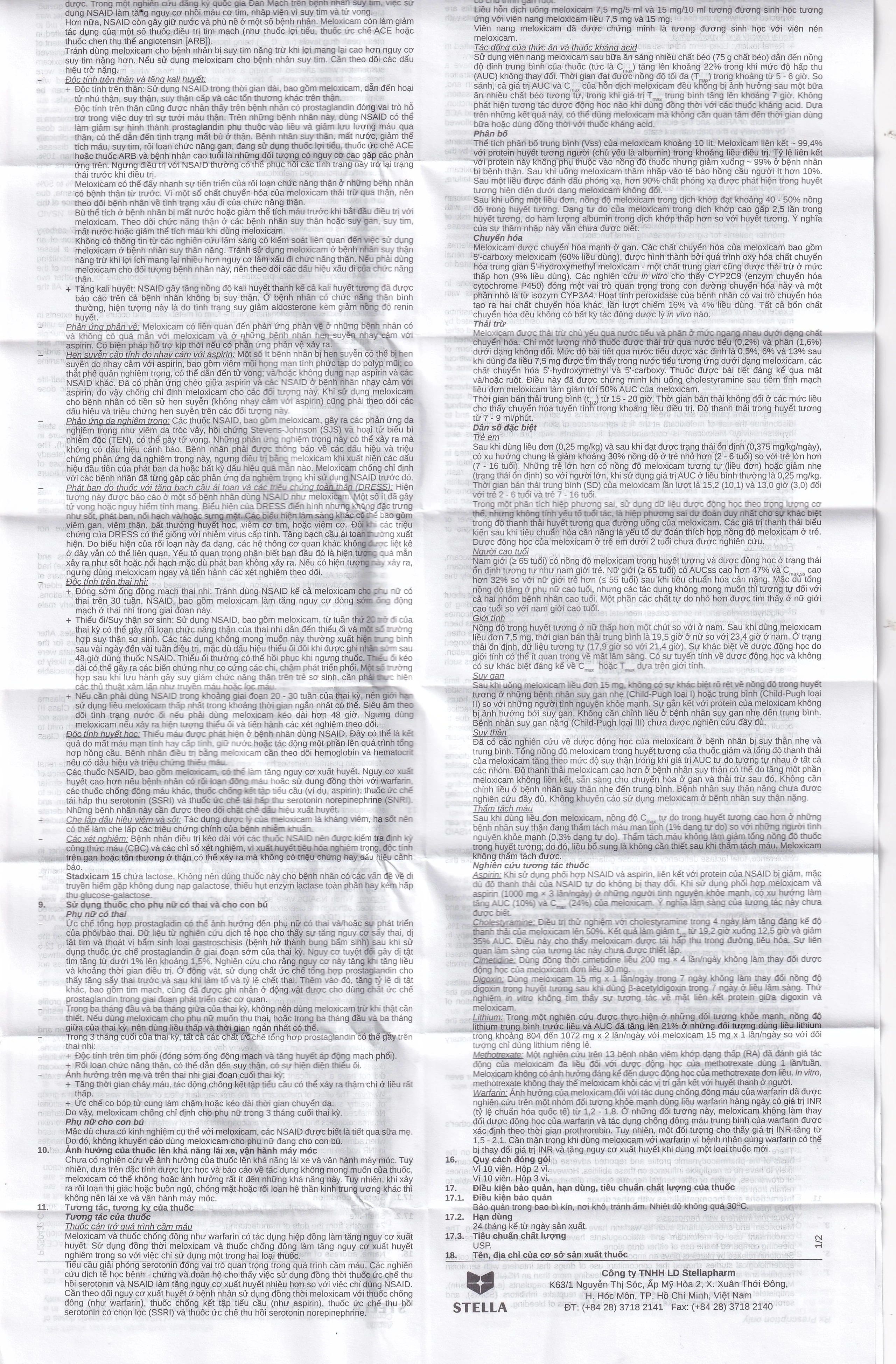 Thuốc Stadxicam 15 Stella điều trị thoái hóa khớp, viêm khớp dạng thấp (3 vỉ x 10 viên)