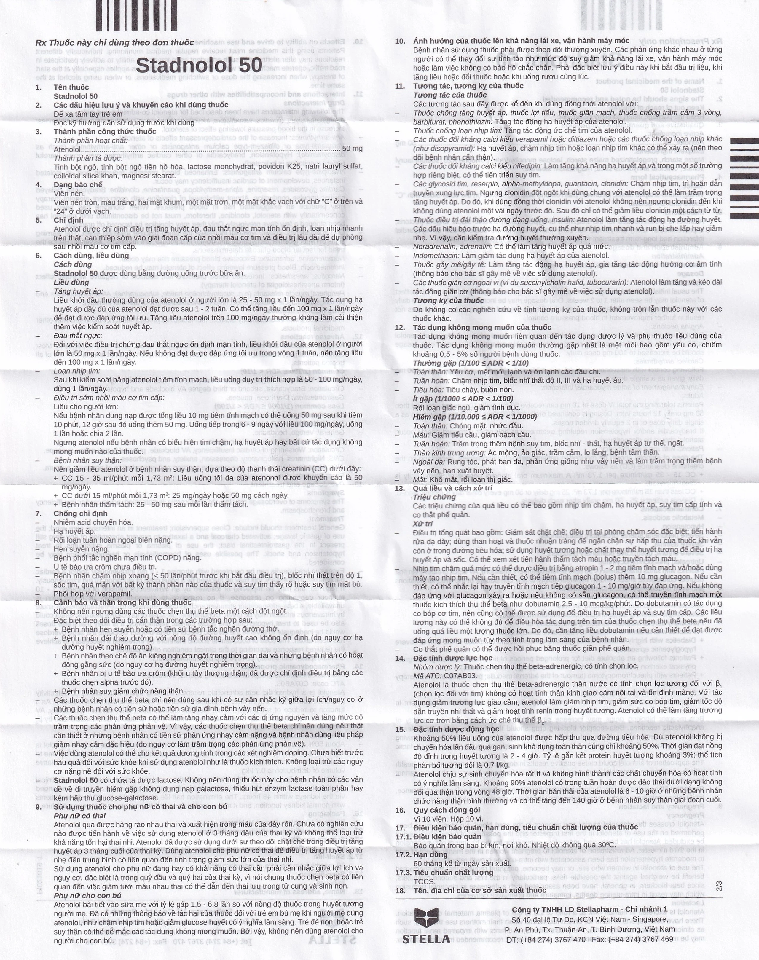 Thuốc Stadnolol 50 Stella điều trị tăng huyết áp, đau thắt ngực mạn tính ổn định (10 vỉ x 10 viên) 