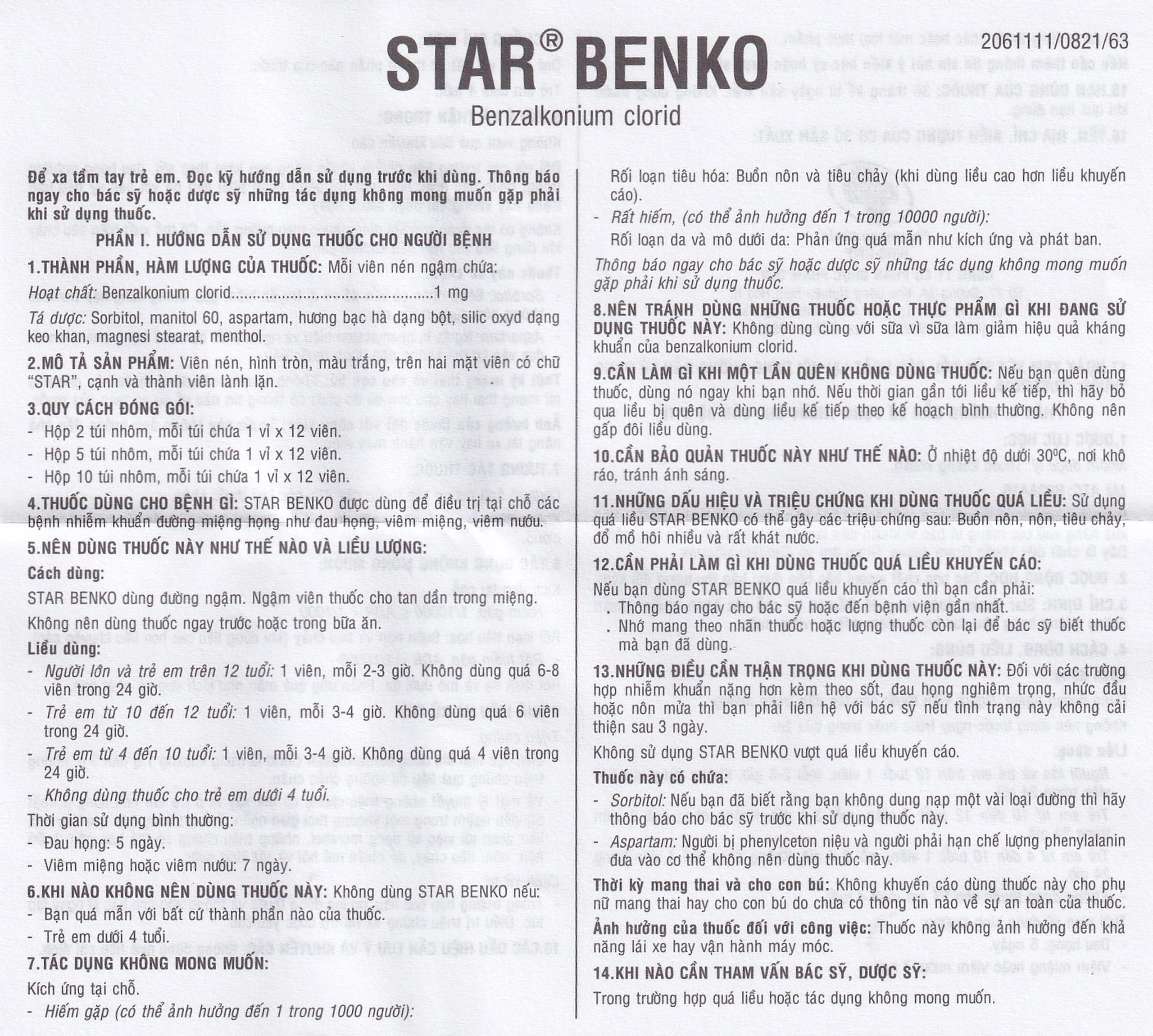 Viên ngậm Star Benko OPV điều trị nhiễm khuẩn miệng, họng (2 vỉ x 12 viên)