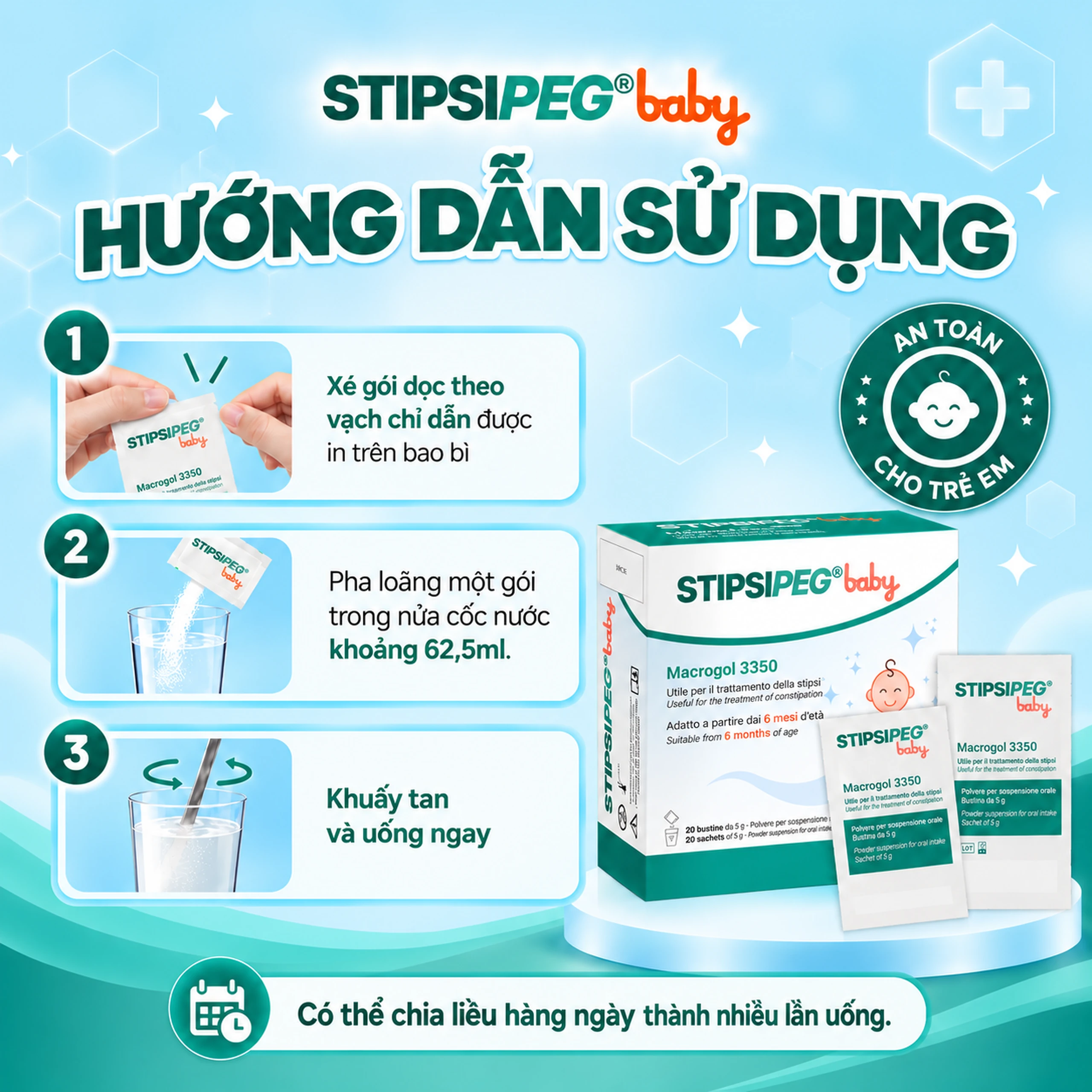 Bột nhuận tràng Stipsipeg Baby Macrogol 3350 (20 gói x 5g) cải thiện tình trạng táo bón cho trẻ từ 6 tháng tuổi 7