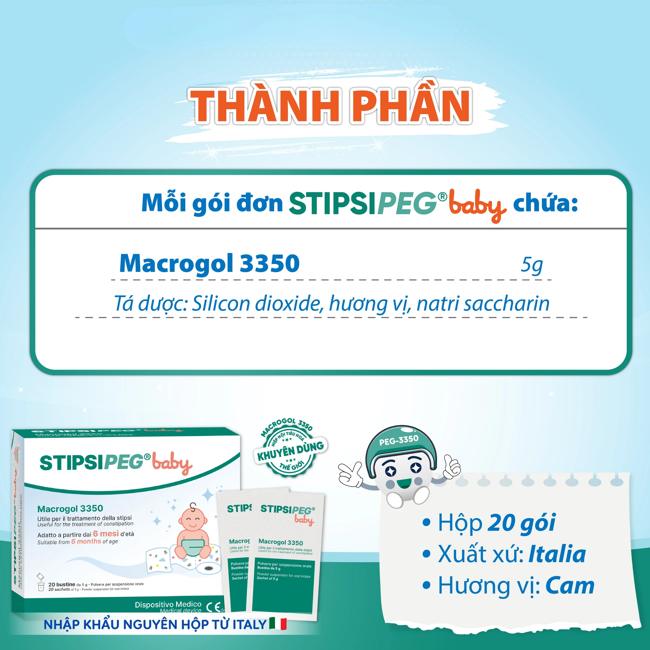 Bột nhuận tràng Stipsipeg Baby Macrogol 3350 (20 gói x 5g) cải thiện tình trạng táo bón cho trẻ từ 6 tháng tuổi