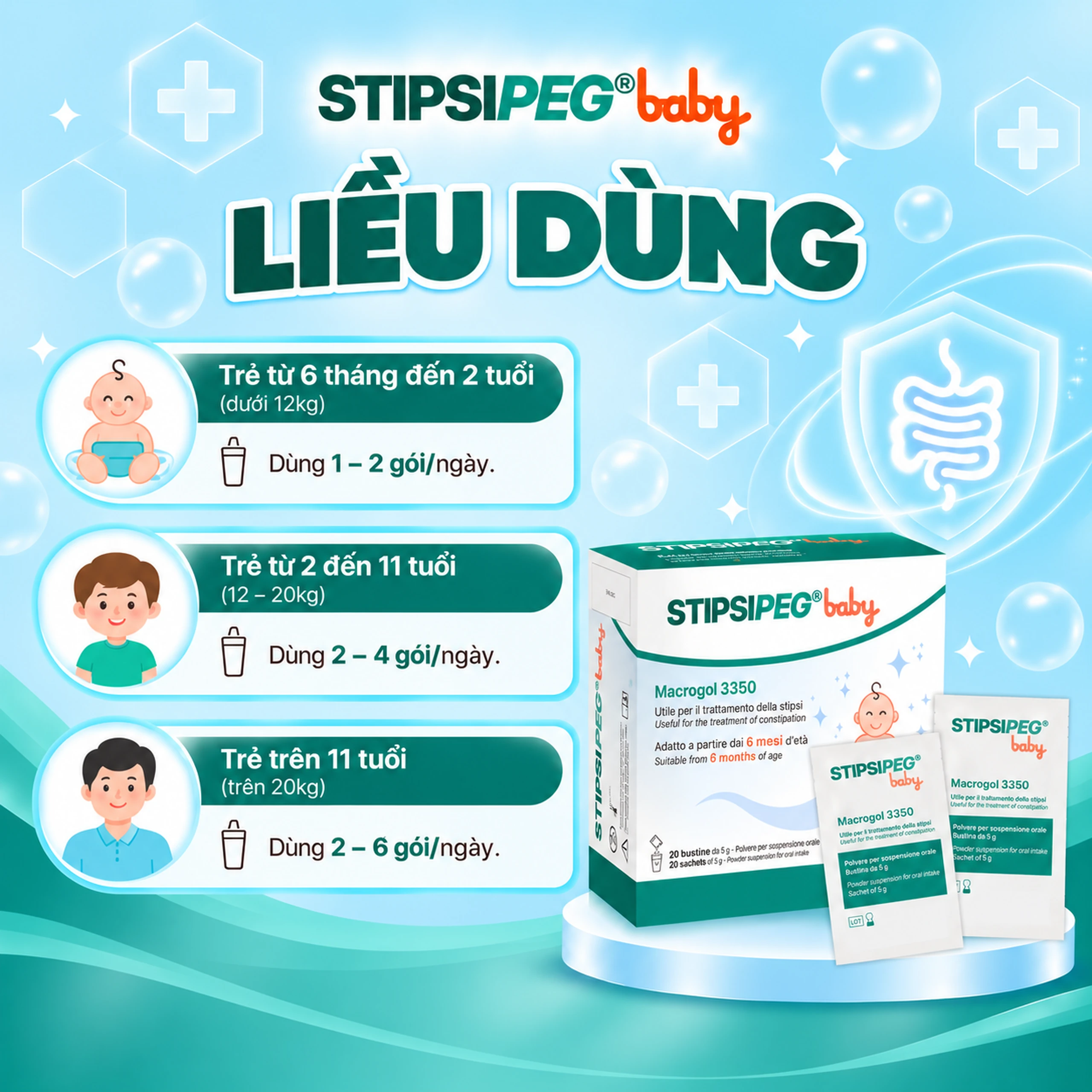Bột nhuận tràng Stipsipeg Baby Macrogol 3350 (20 gói x 5g) cải thiện tình trạng táo bón cho trẻ từ 6 tháng tuổi 6