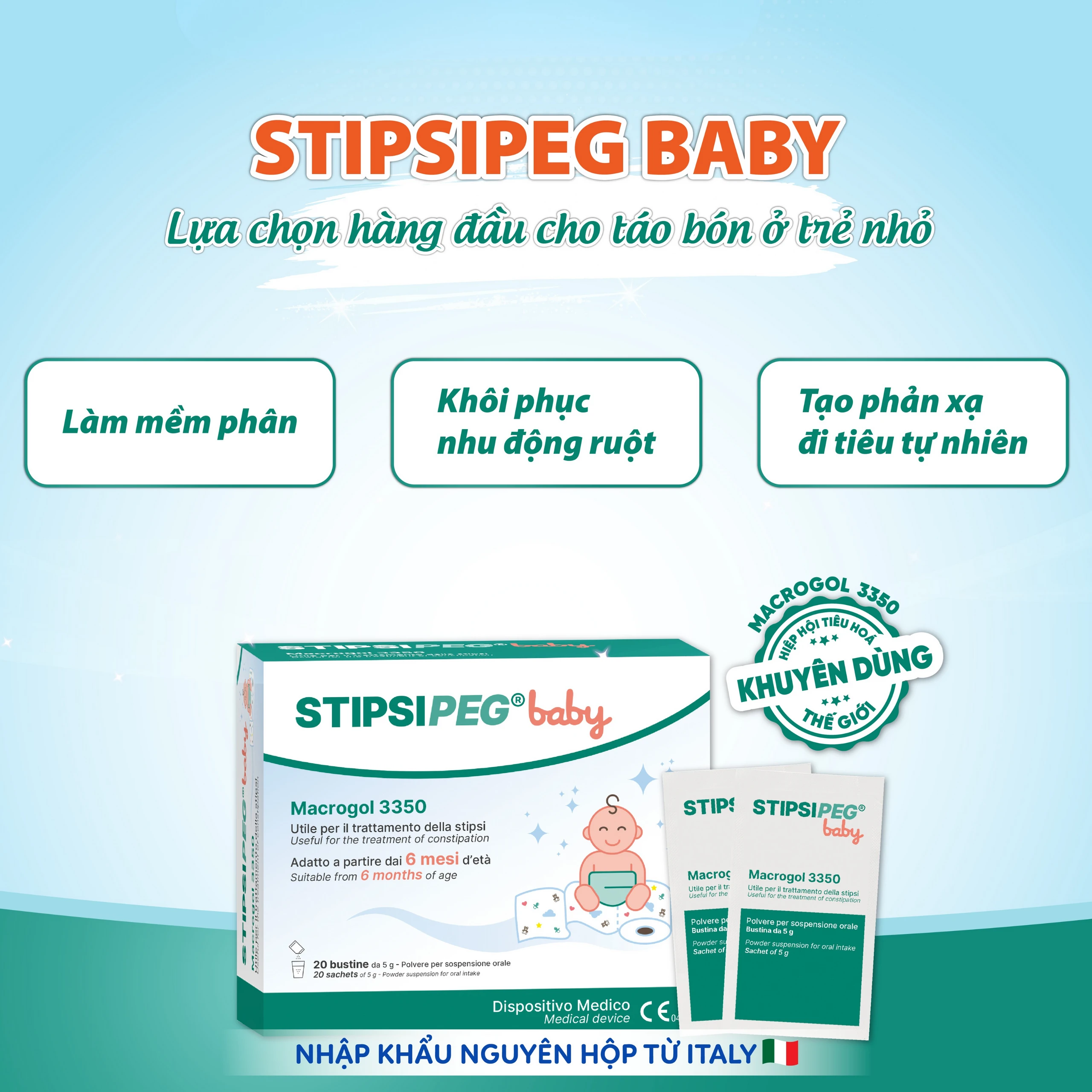 Bột nhuận tràng Stipsipeg Baby Macrogol 3350 (20 gói x 5g) cải thiện tình trạng táo bón cho trẻ từ 6 tháng tuổi
