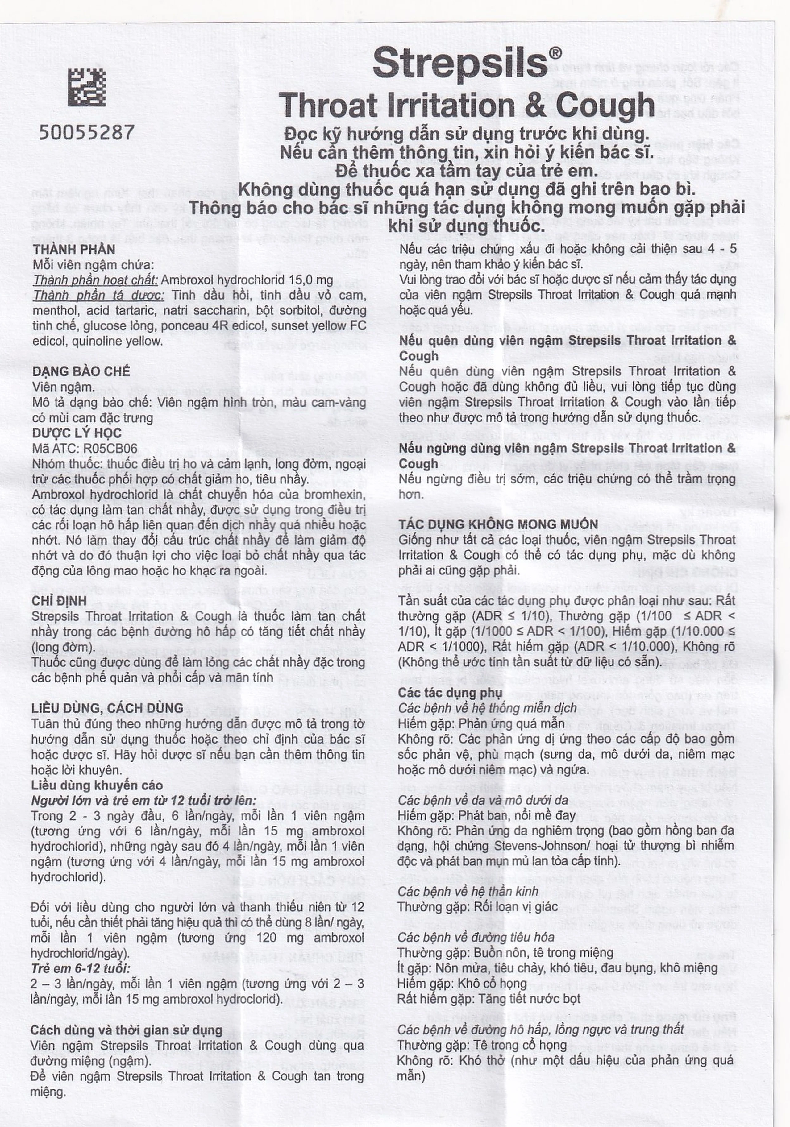 Viên ngậm Strepsils Throat Irritation & Cough Reckitt Benckiser giúp làm sạch đường thở và kiểm soát ho (2 vỉ x 12 viên)