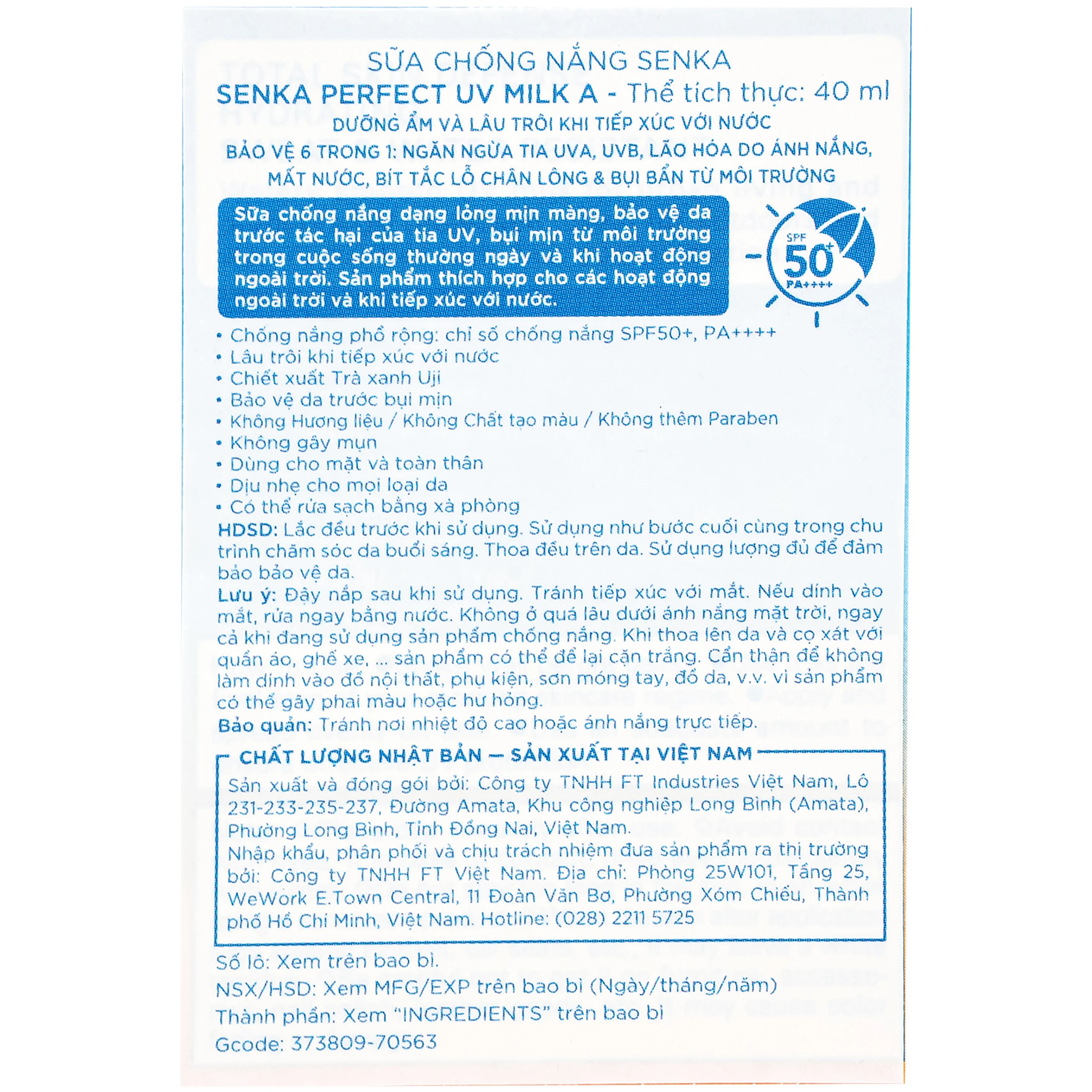 Sữa chống nắng Senka Perfect UV Milk A SPF50+ PA++++ giúp dưỡng ẩm, bảo vệ da cho mặt và toàn thân (40ml) 5
