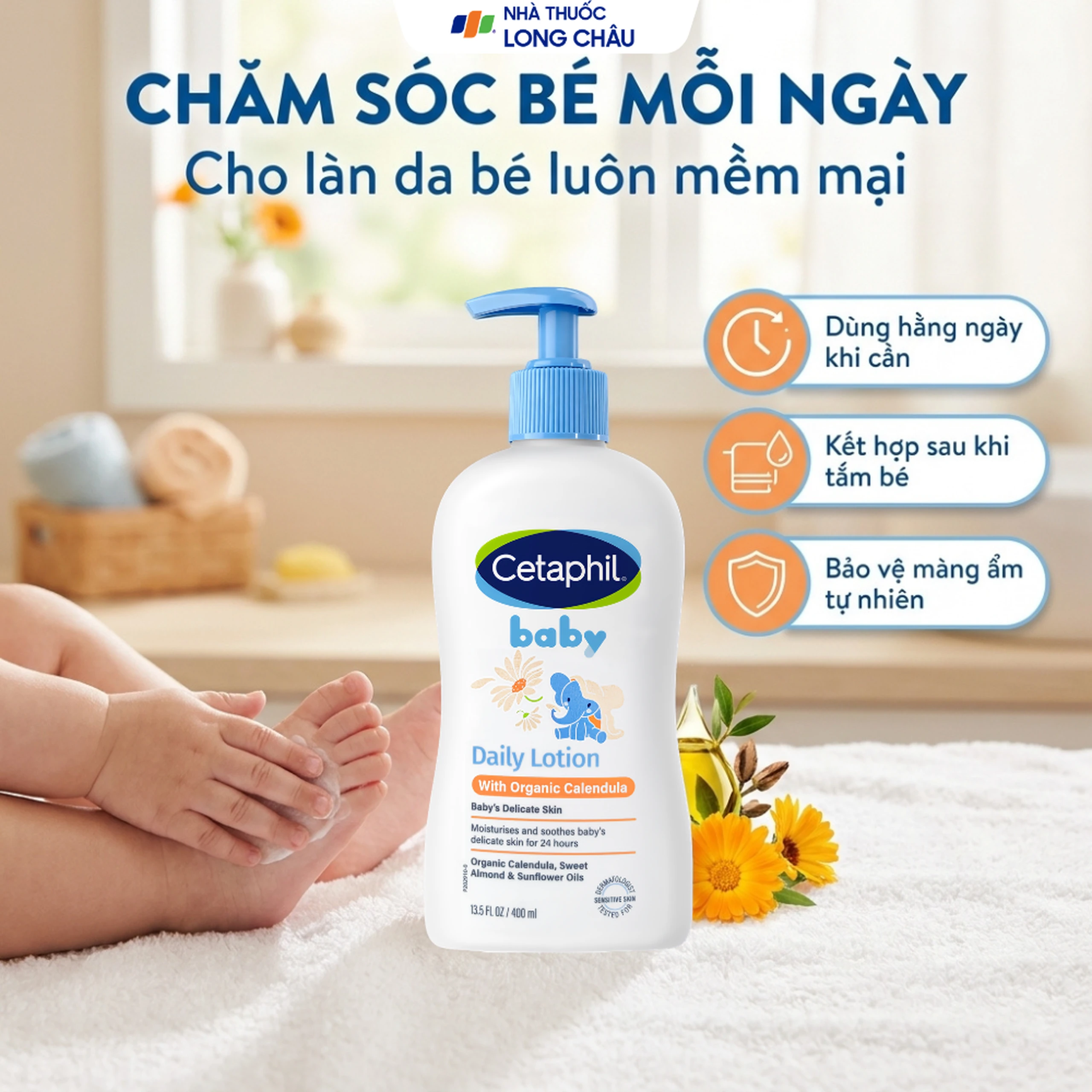 Sữa dưỡng da dành cho bé Cetaphil Baby Daily Lotion with Organic Calendula tinh chất hoa cúc giúp tăng cường dưỡng ẩm, bảo vệ da (400ml) 7