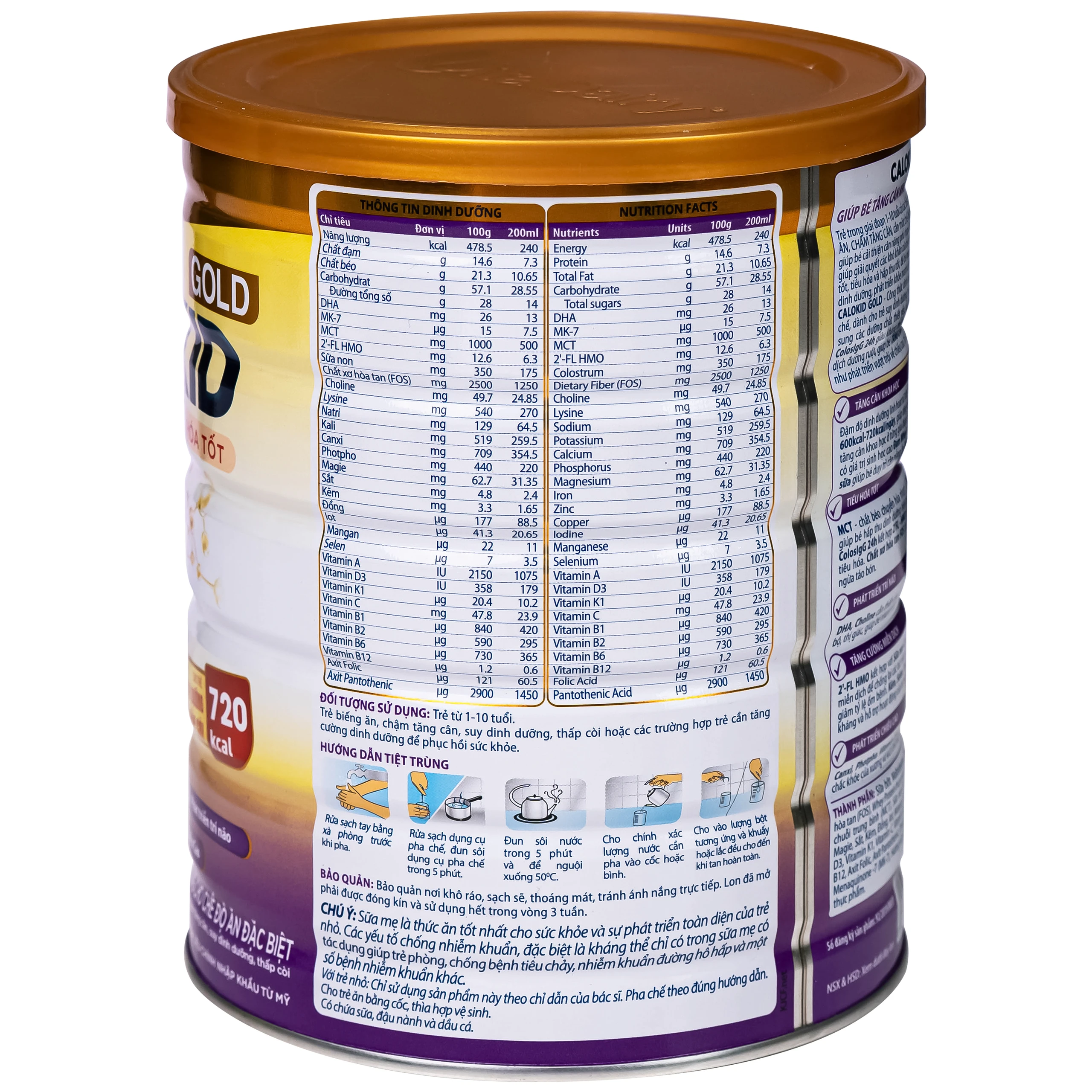 Sữa hỗ trợ tăng cân khoa học và tiêu hóa tốt cho trẻ 1-10 tuổi Calokid Gold Vitadairy (900g)