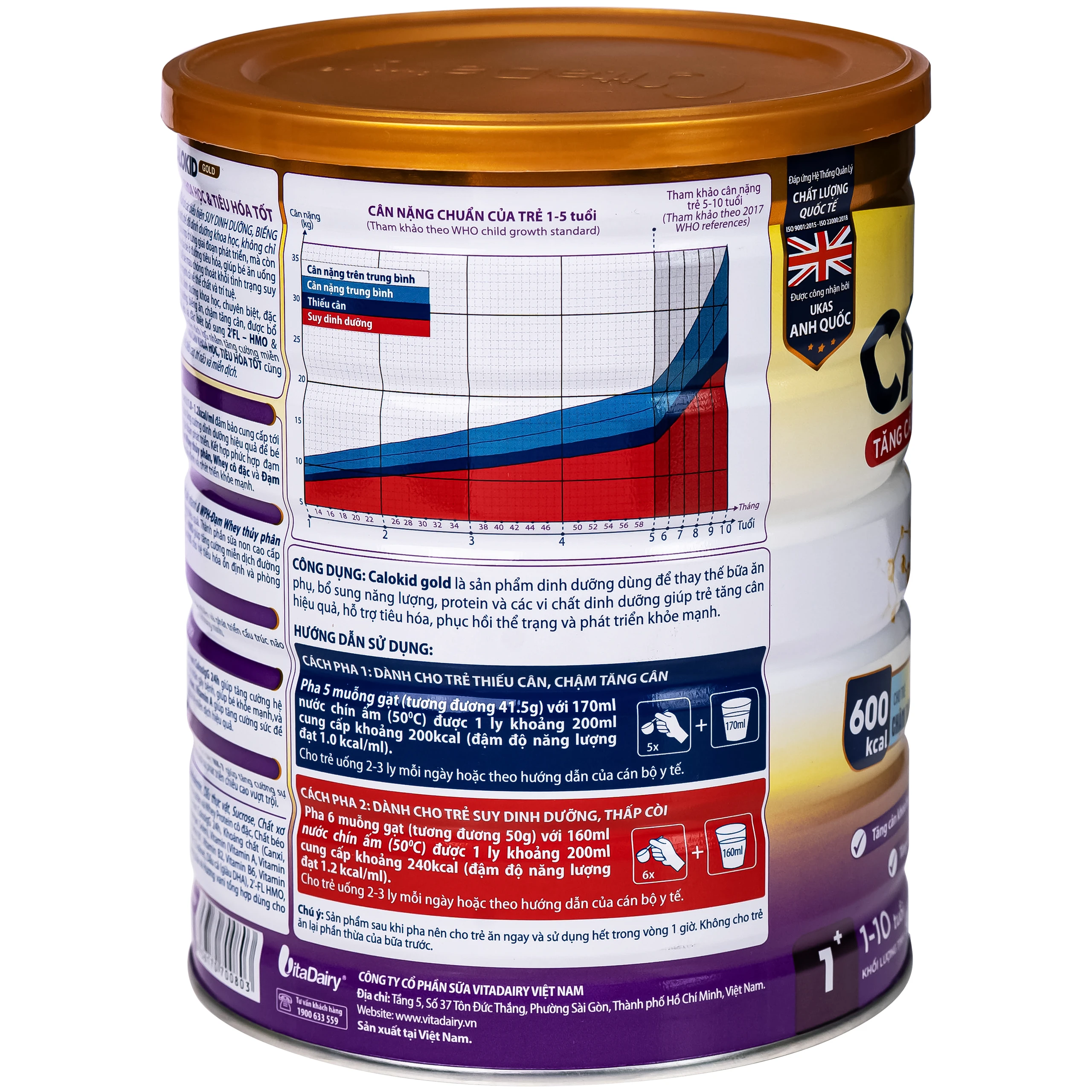 Sữa hỗ trợ tăng cân khoa học và tiêu hóa tốt cho trẻ 1-10 tuổi Calokid Gold Vitadairy (900g)