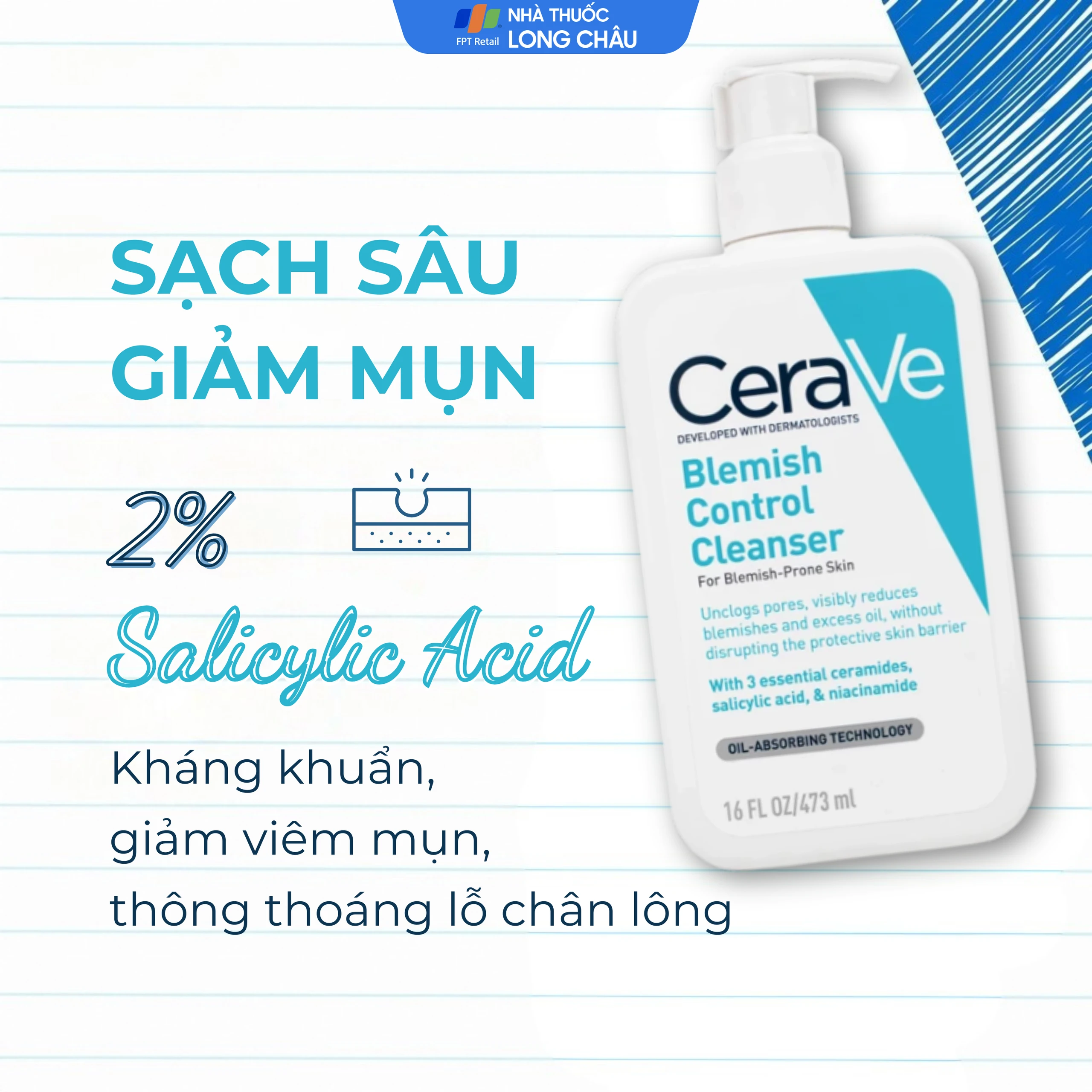 Sữa rửa mặt CeraVe Blemish Control Cleanser ngừa mụn dành cho da dầu, da mụn (473ml)