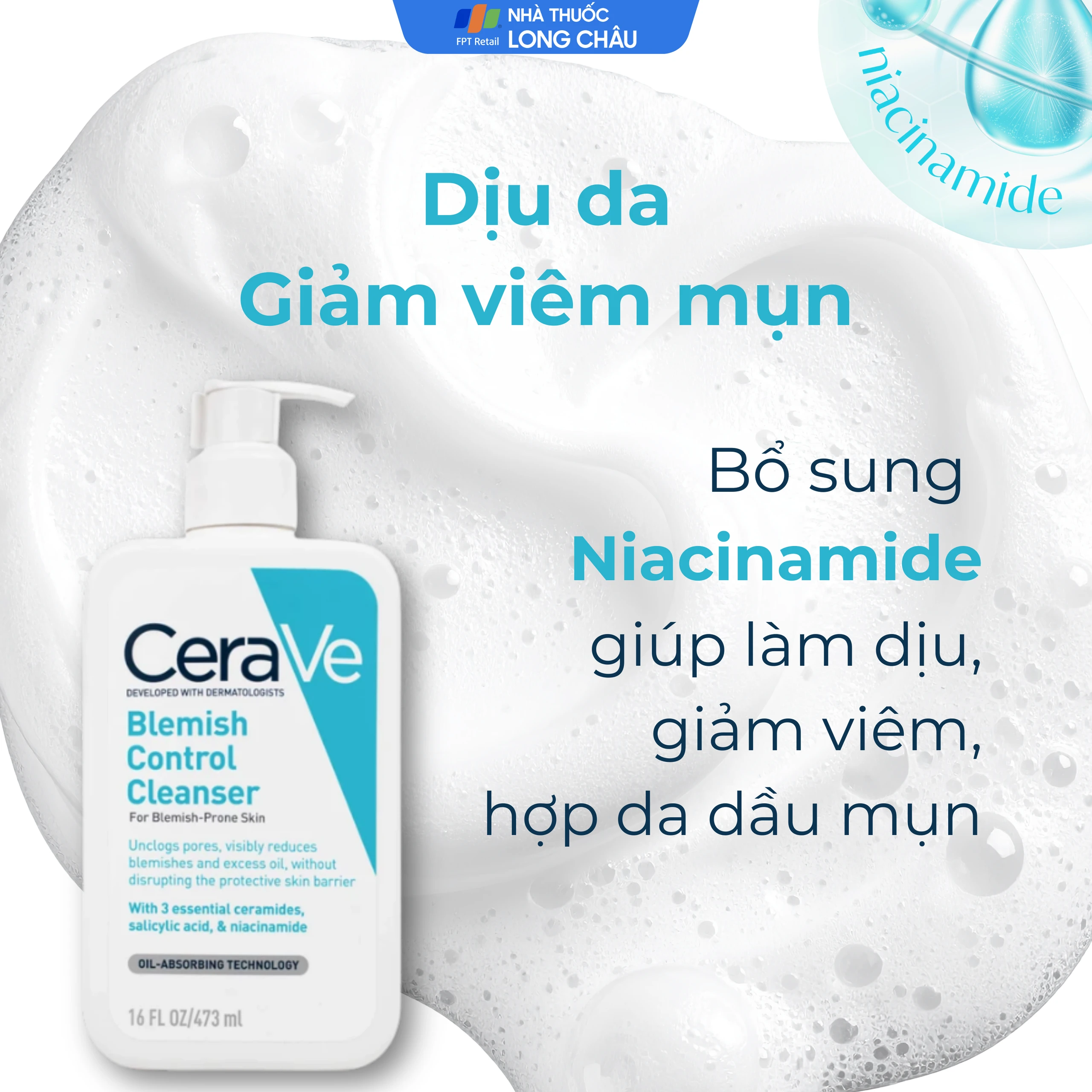 Sữa rửa mặt CeraVe Blemish Control Cleanser ngừa mụn dành cho da dầu, da mụn (473ml)