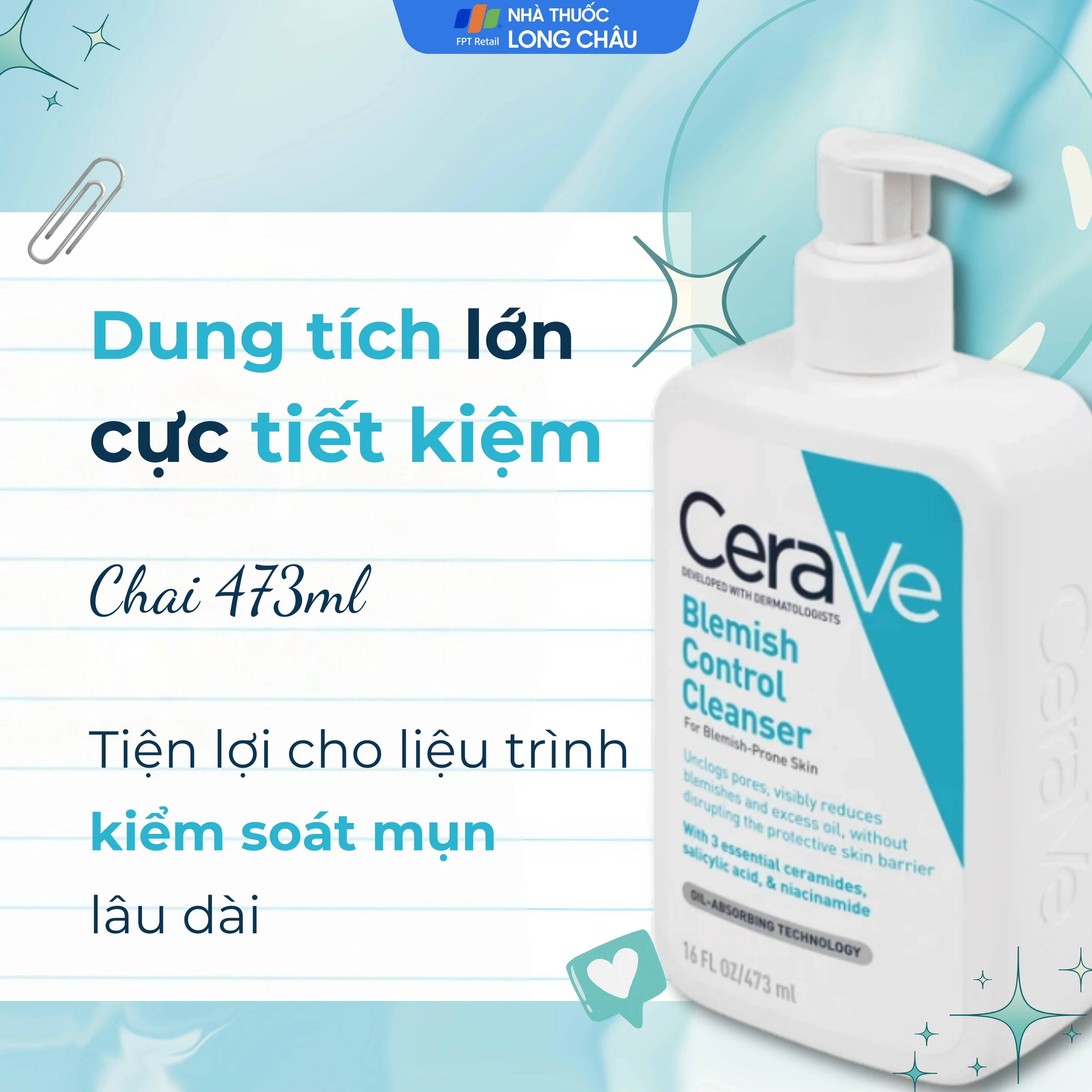 Sữa rửa mặt CeraVe Blemish Control Cleanser ngừa mụn dành cho da dầu, da mụn (473ml)