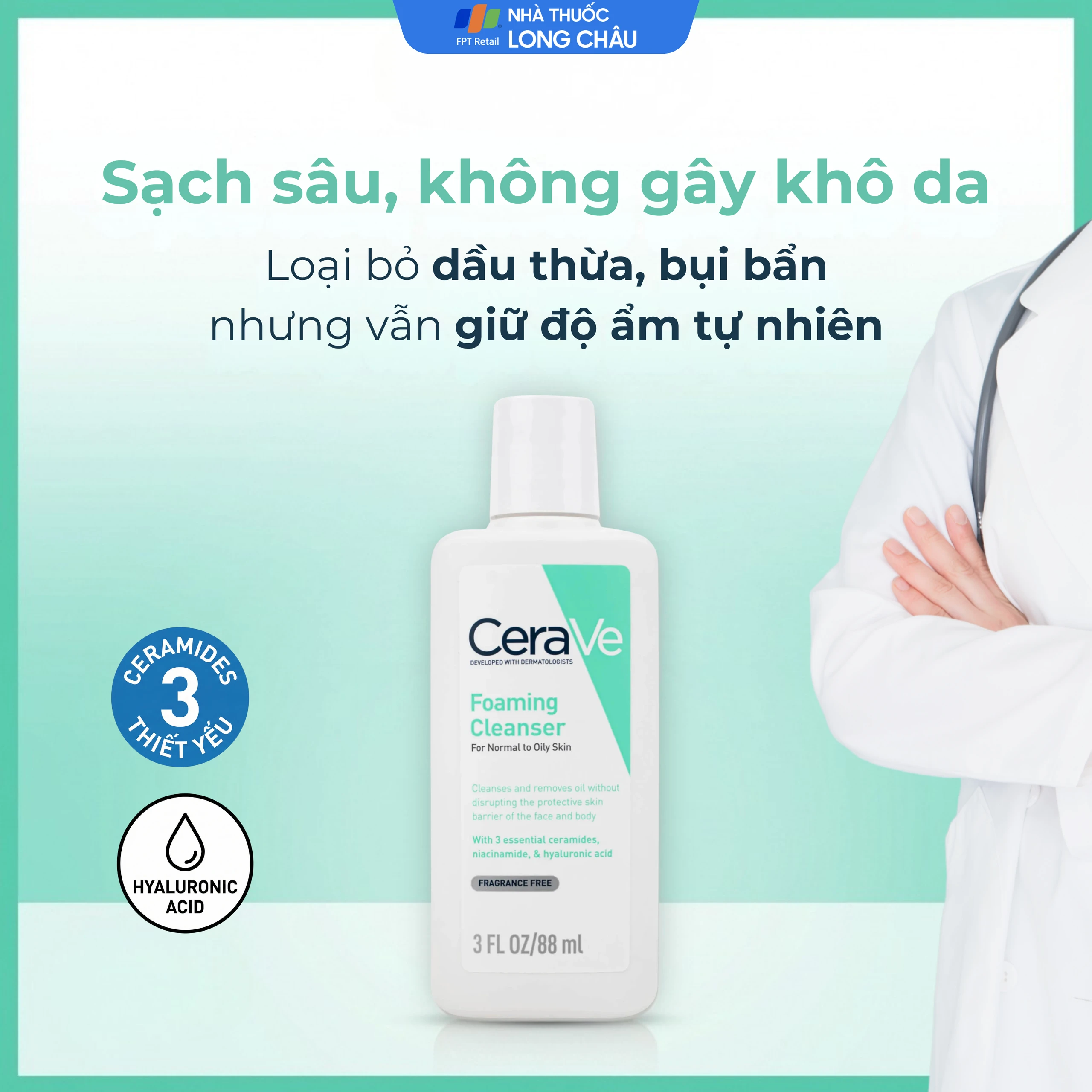 Sữa rửa mặt CeraVe Foaming Cleanser làm sạch sâu dành cho da dầu (88ml)